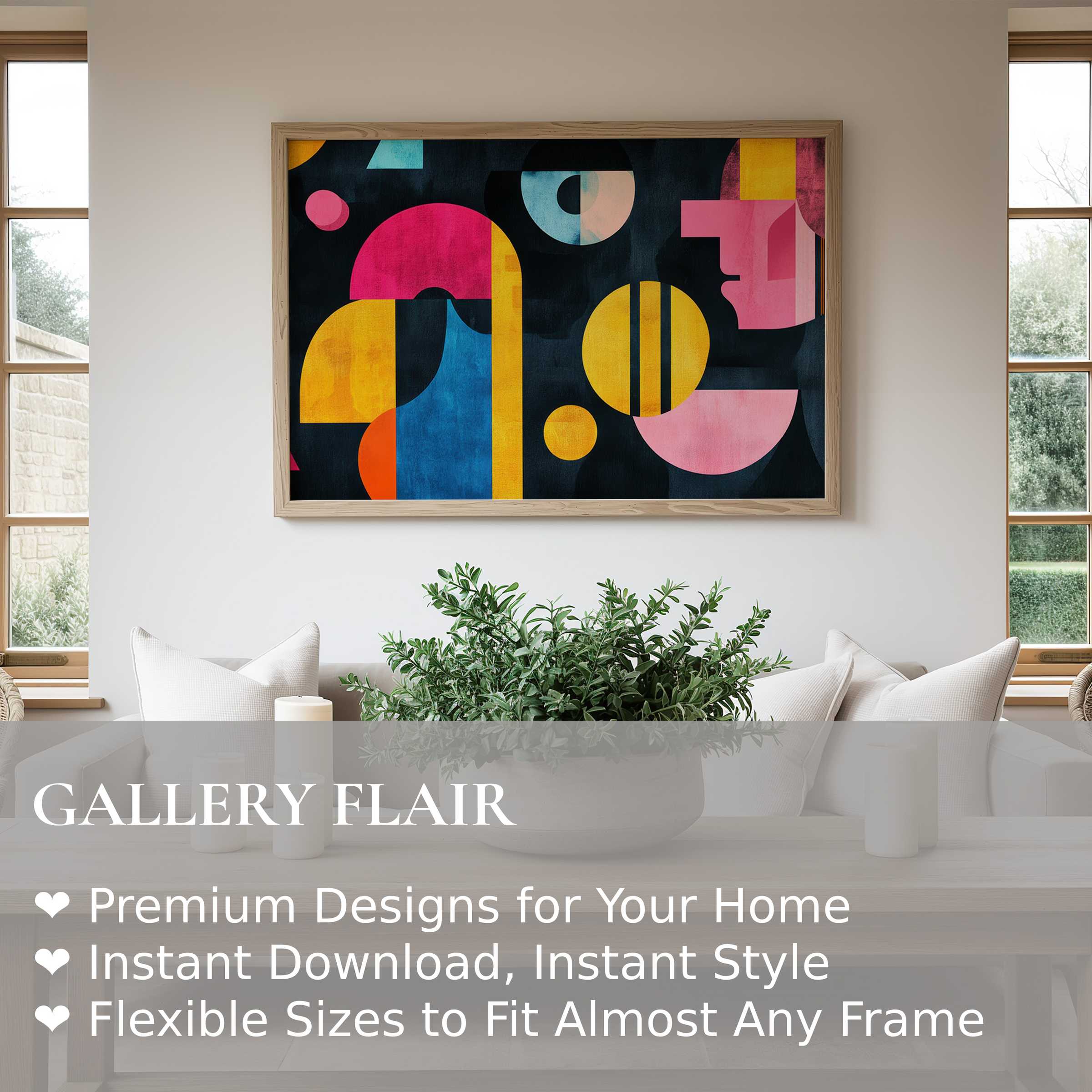 Bold modern wall art print with vibrant geometric shapes, elevating minimalist interiors with dynamic, contemporary sophistication