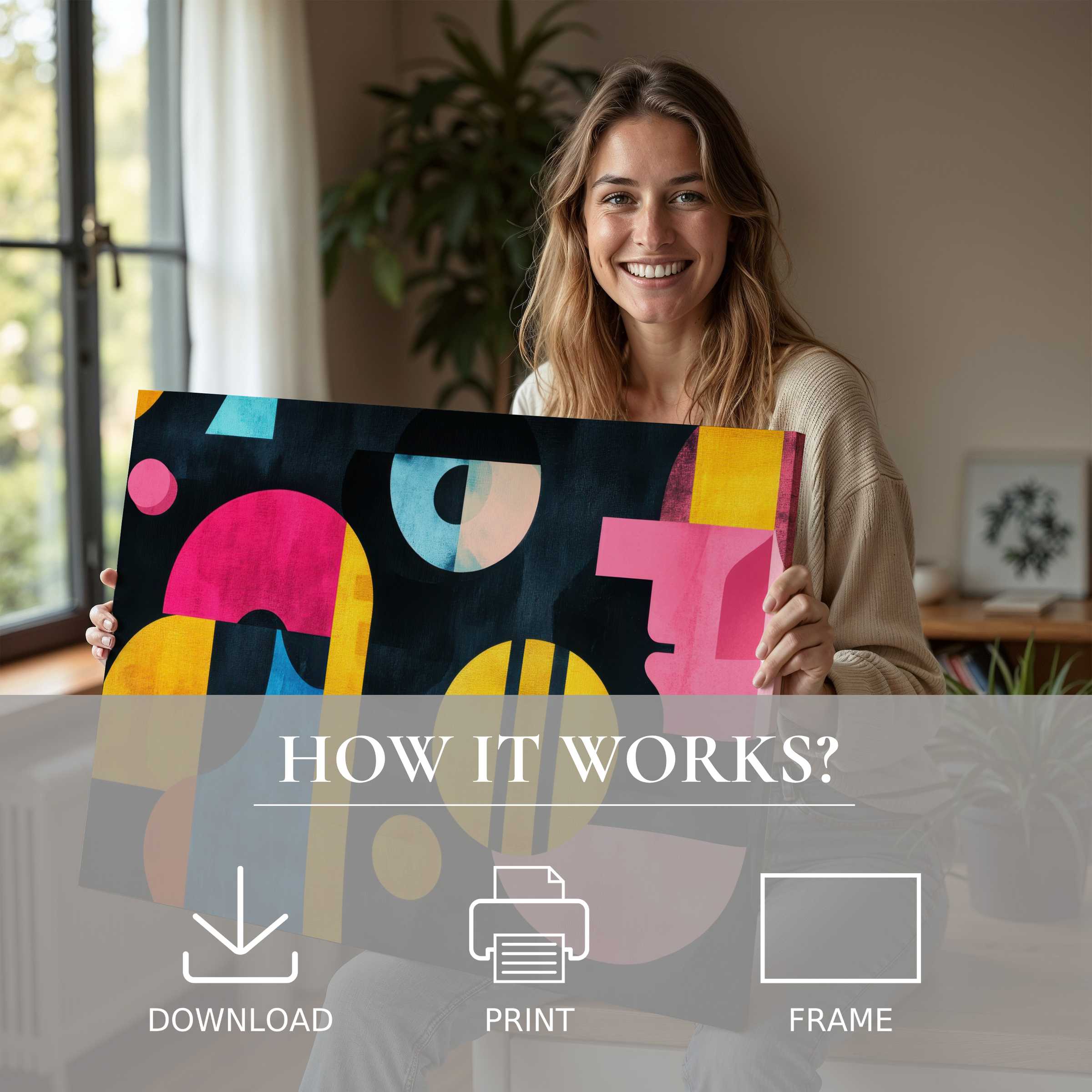 Joyful moment revealing a modern digital art print in a sunlit, stylish home, celebrating the seamless beauty of curated art