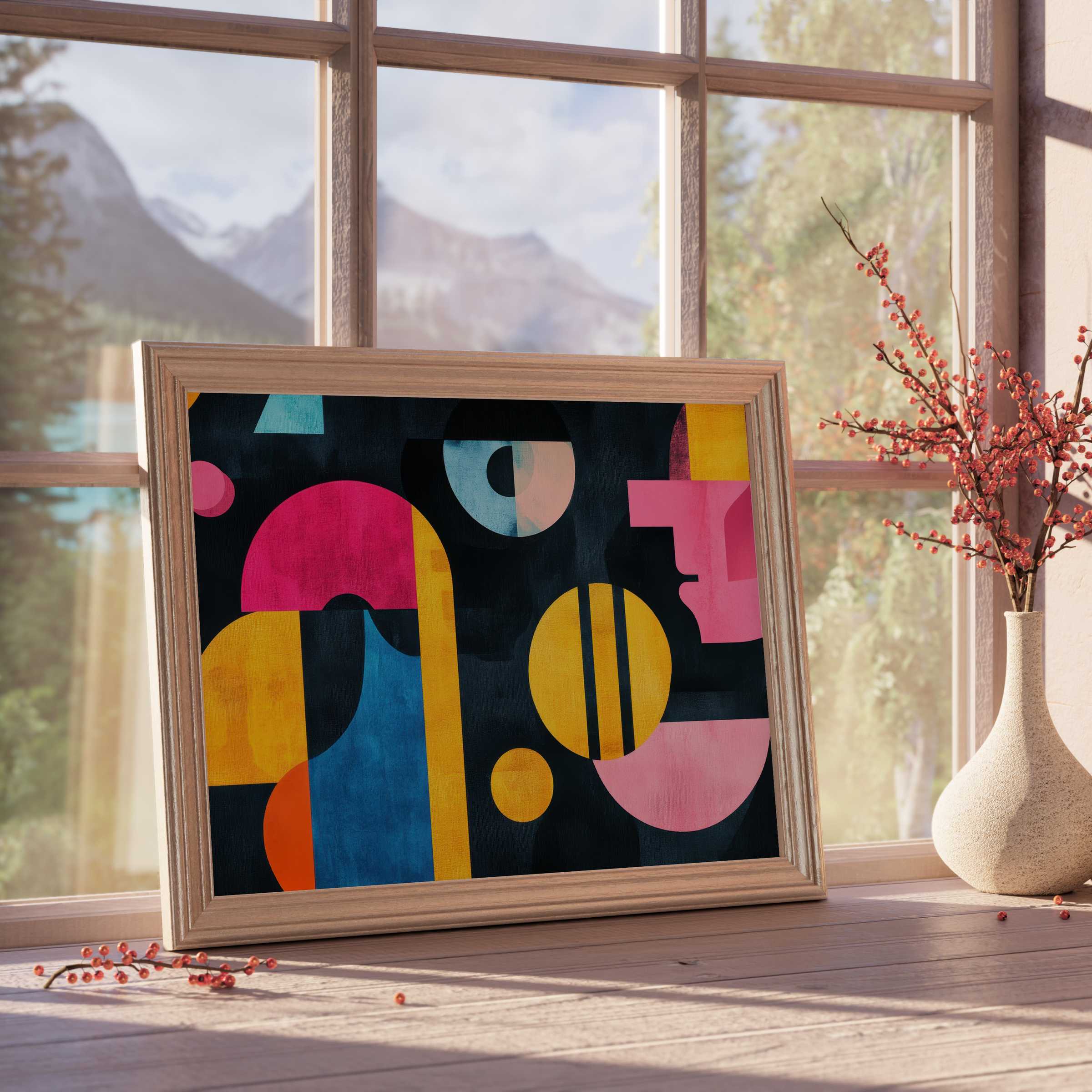 Modern downloadable art with vibrant geometric shapes in bold pink, blue, and gold, elevating curated, tranquil spaces with design-forward charm