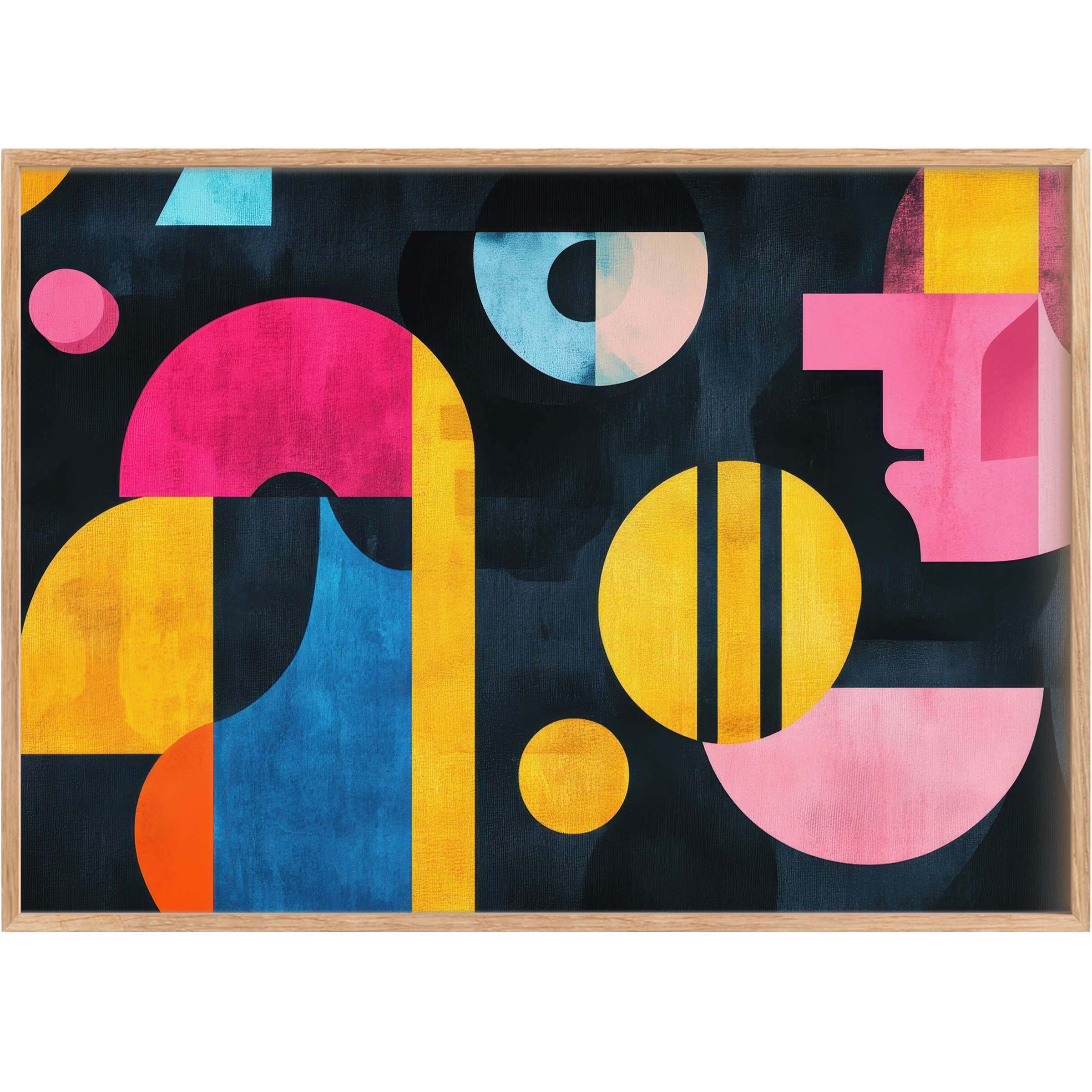 Modern printable wall art featuring bold geometric shapes in vibrant pinks, yellows, and blues set against a deep black canvas evokes a dynamic, uplifting atmosphere perfect for elevating chic, contemporary interiors