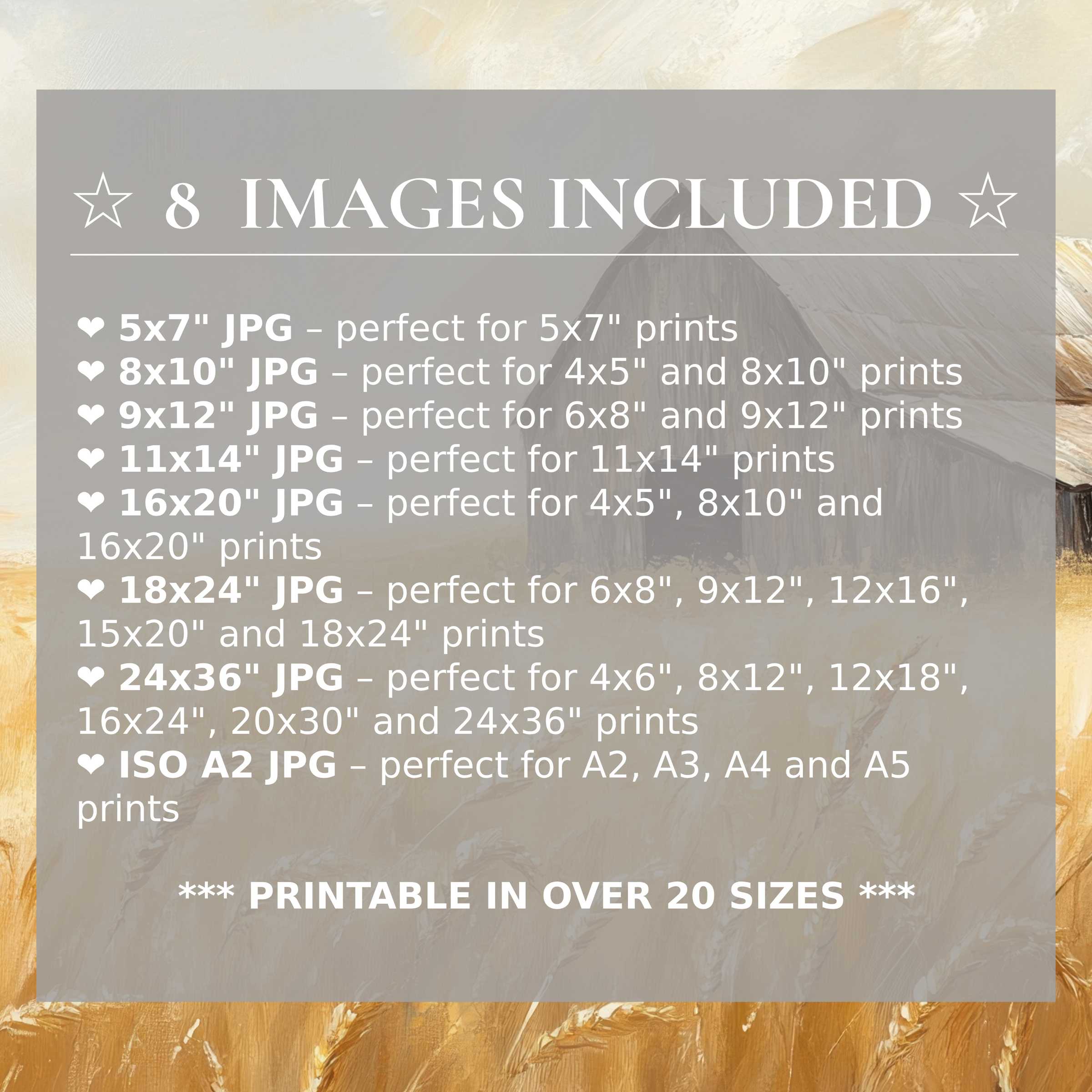 Farmhouse digital print radiates warm golden hues and soft neutrals, enriching modern interiors with timeless elegance; includes 8 high-quality sizes
