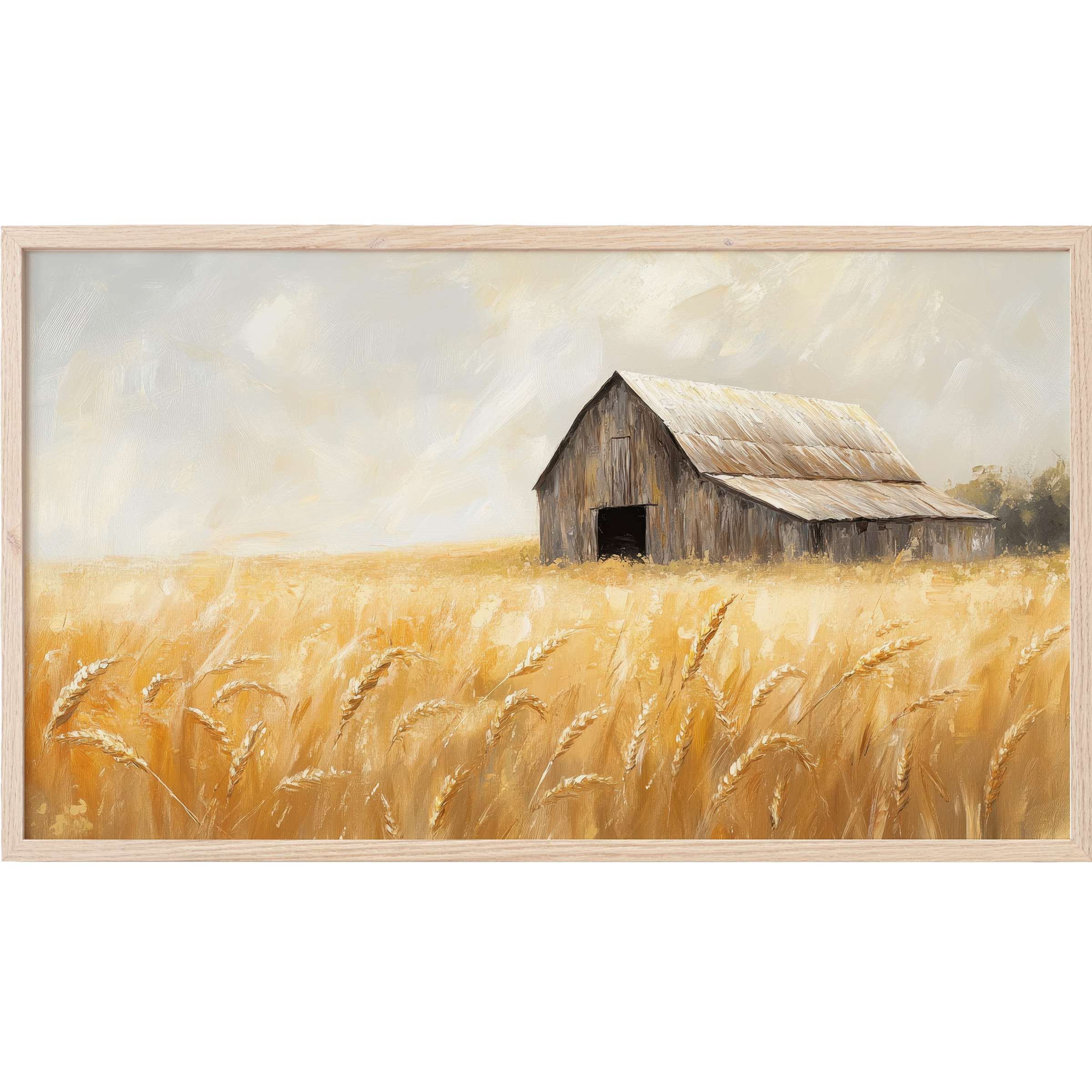 Farmhouse Frame TV Art featuring a rustic barn in golden wheat fields, soft beige sky, elegant muted tones