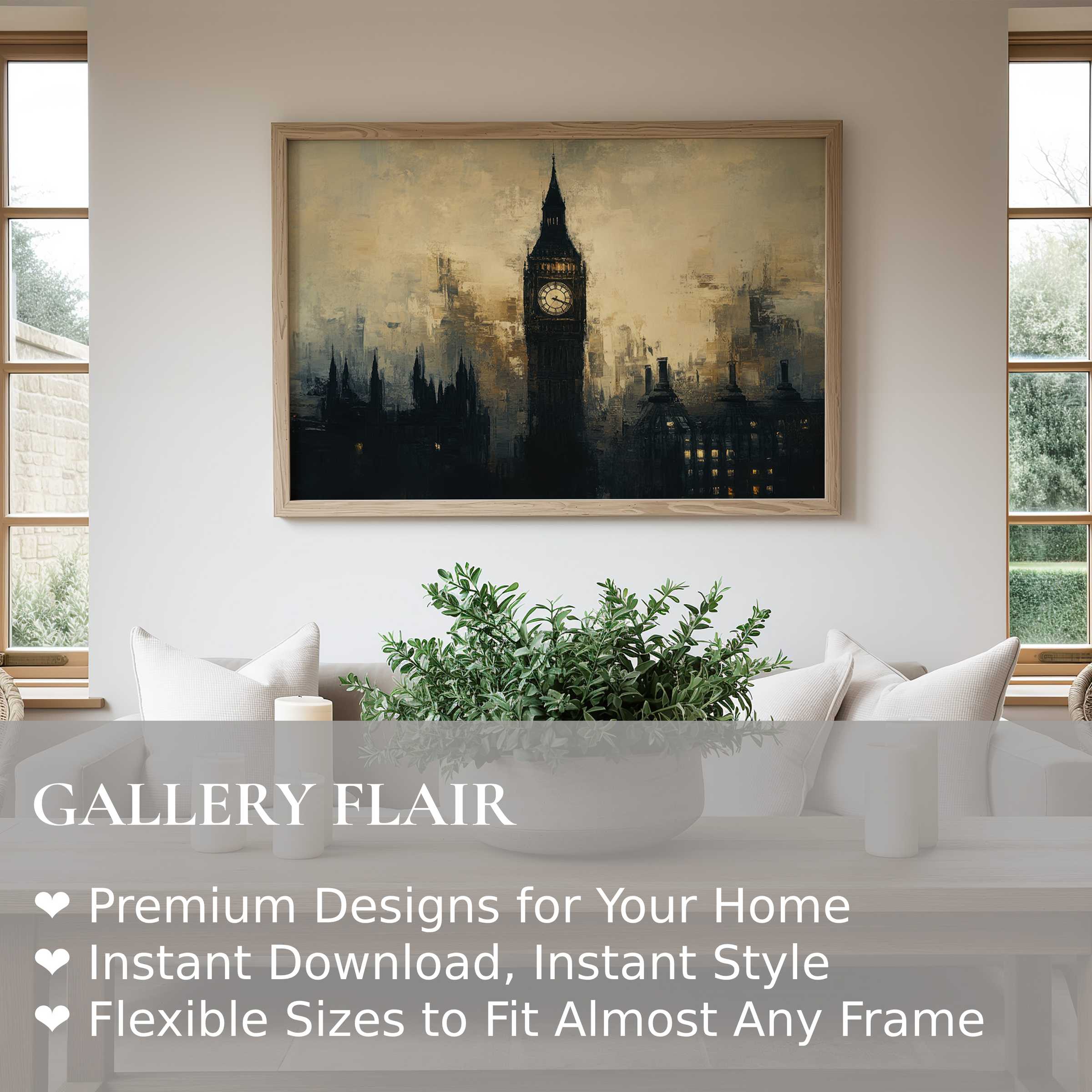 Moody urban art wall art print capturing London’s iconic Big Ben with textured, bold brushstrokes in a refined contemporary living room