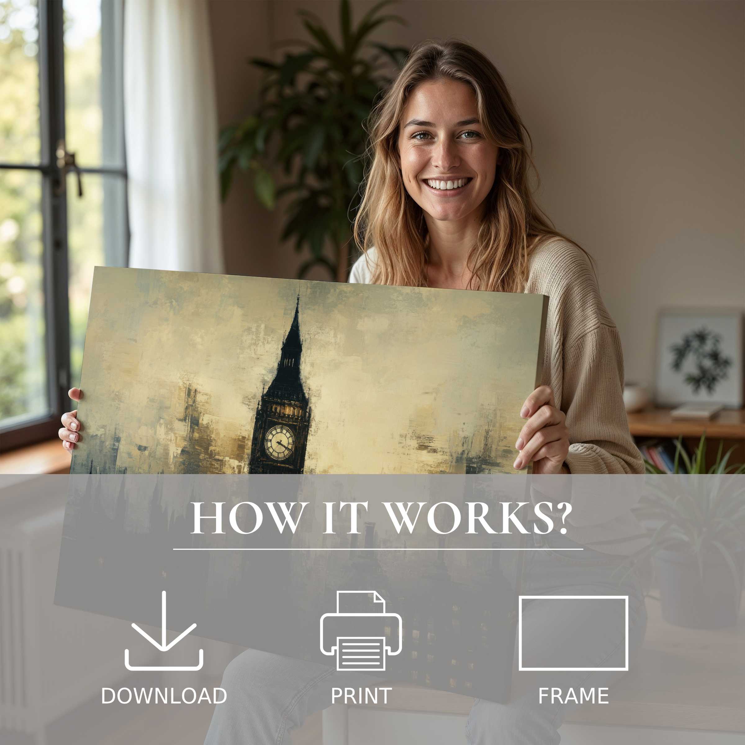 Elegant urban digital art print embraced in a sunlit modern home, capturing joy and the seamless beauty of living with art