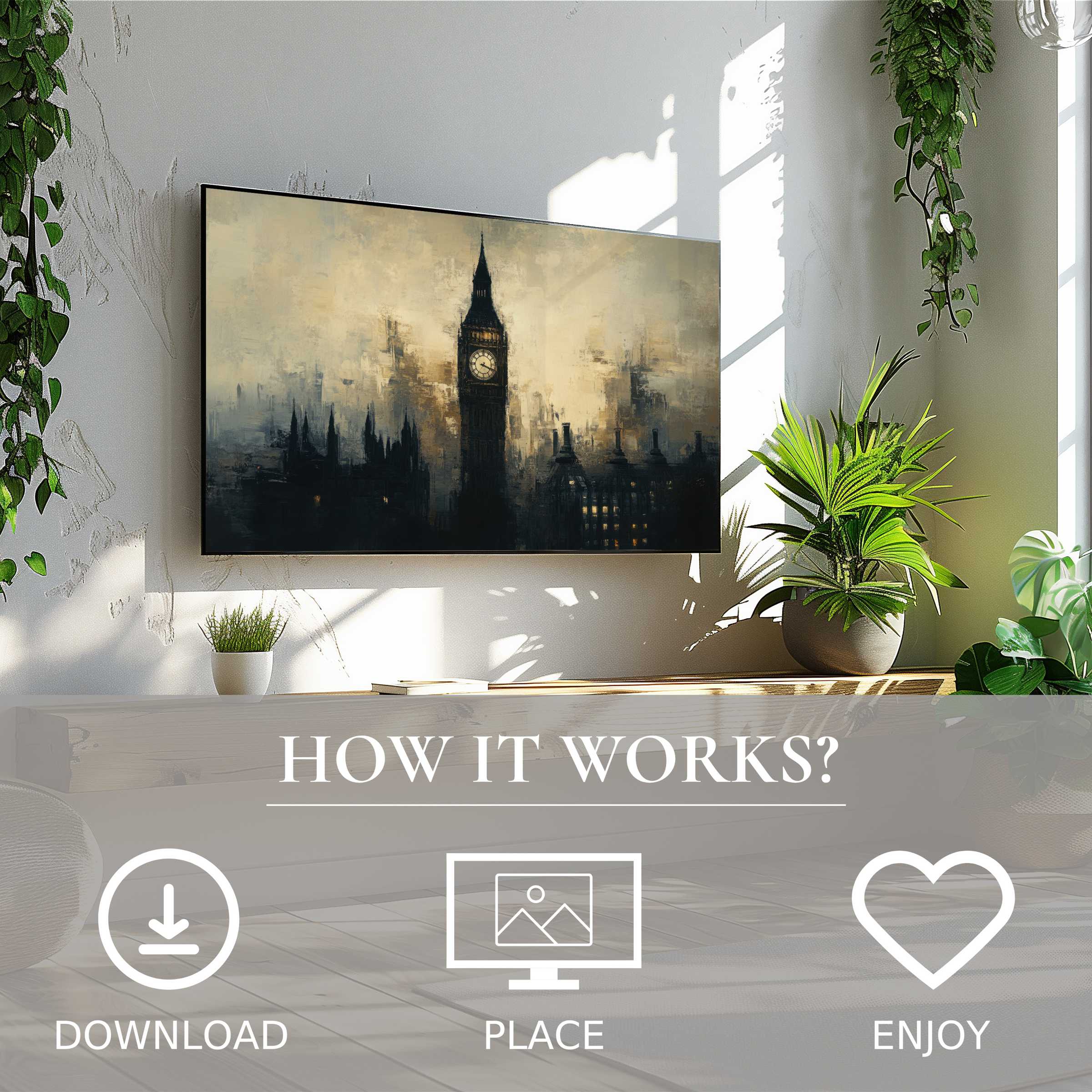 Modern living room with urban art for Samsung TV, featuring London skyline motif; easy digital download enhances space