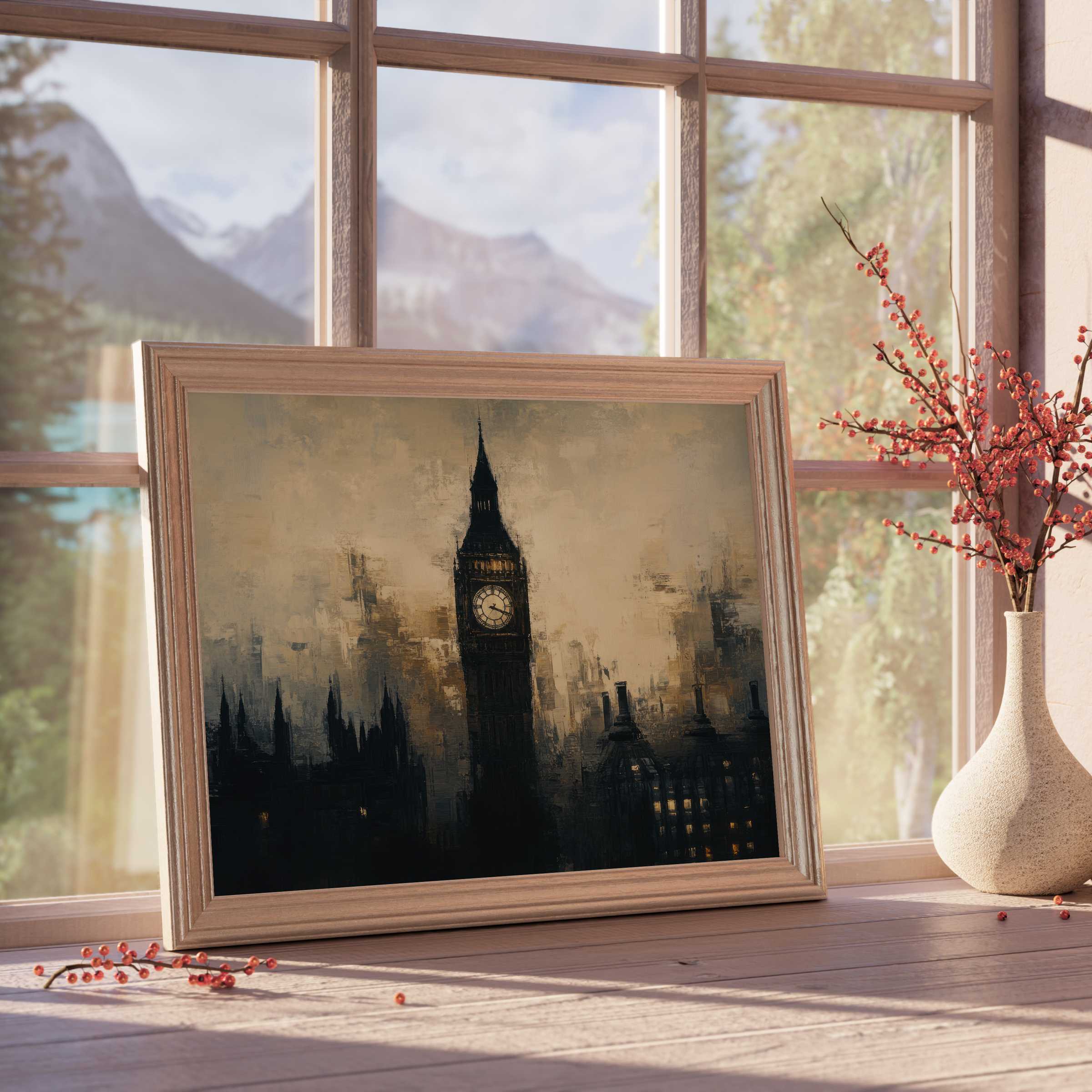 Urban downloadable art featuring a moody, textured Big Ben silhouette, enriching curated interiors with timeless elegance and serene ambiance
