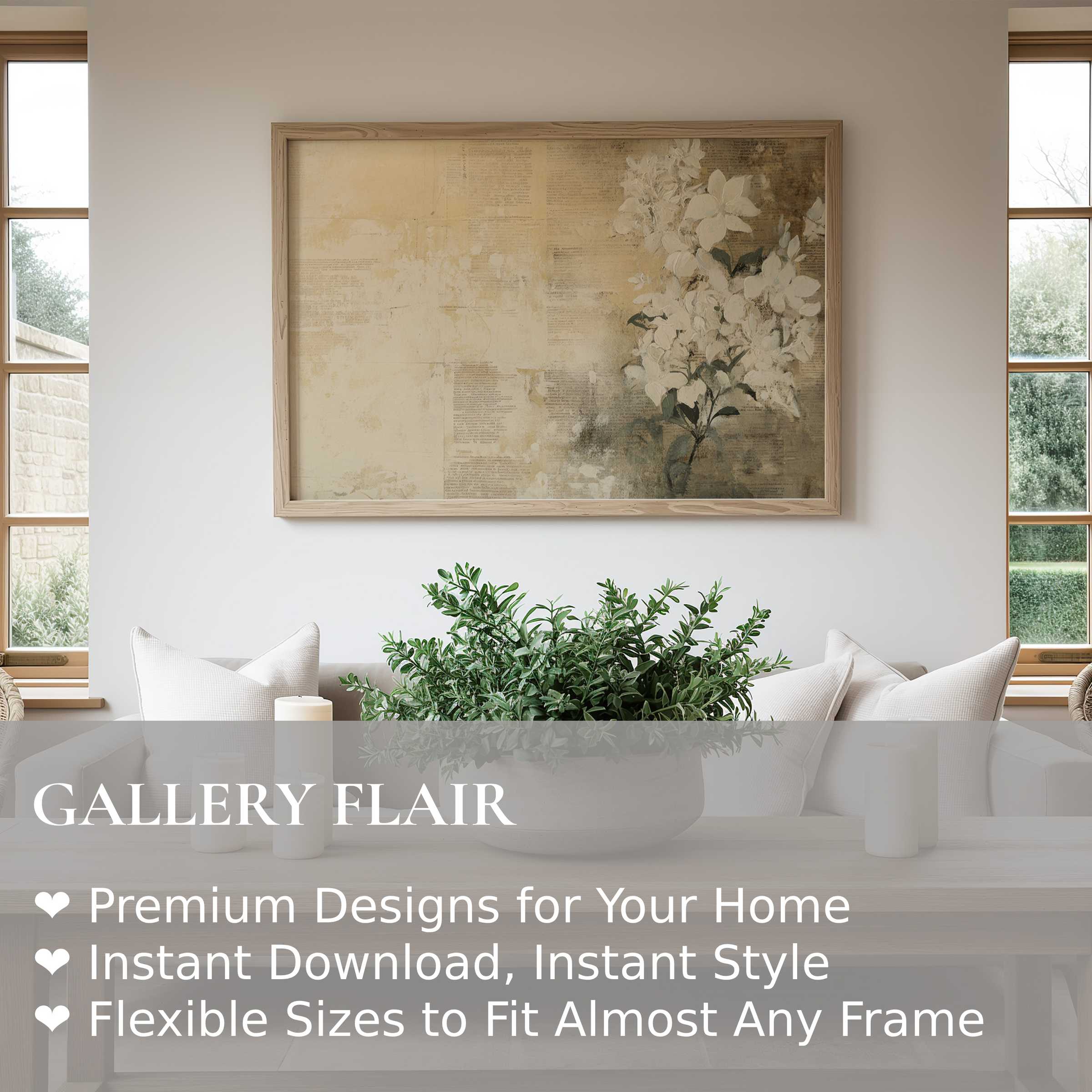 Botanical wall art print featuring soft white blooms on a vintage textured background, enhancing serene, modern farmhouse interiors