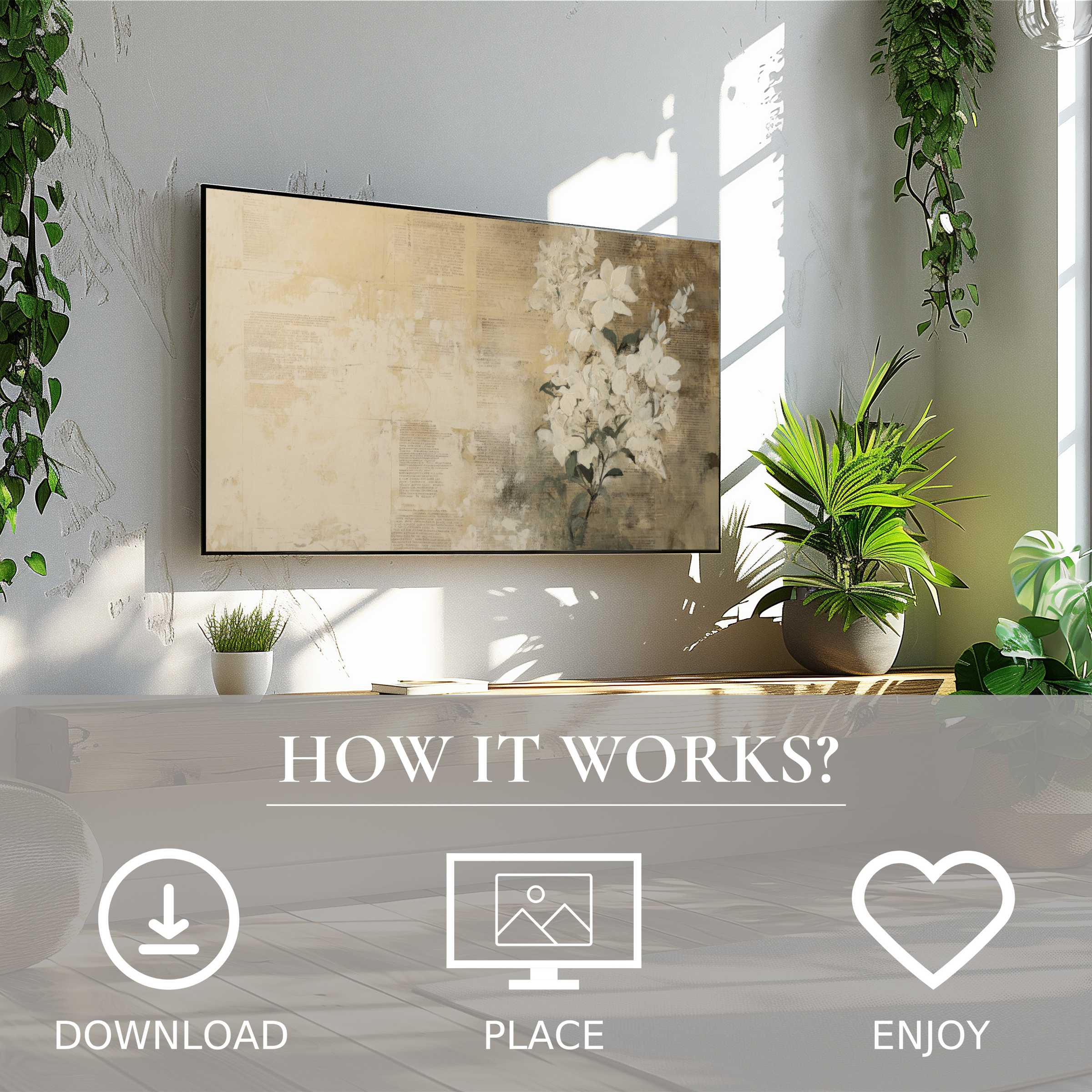 Elegant botanical art for Samsung TV with soft beige floral motif, easy digital download enriching modern living spaces