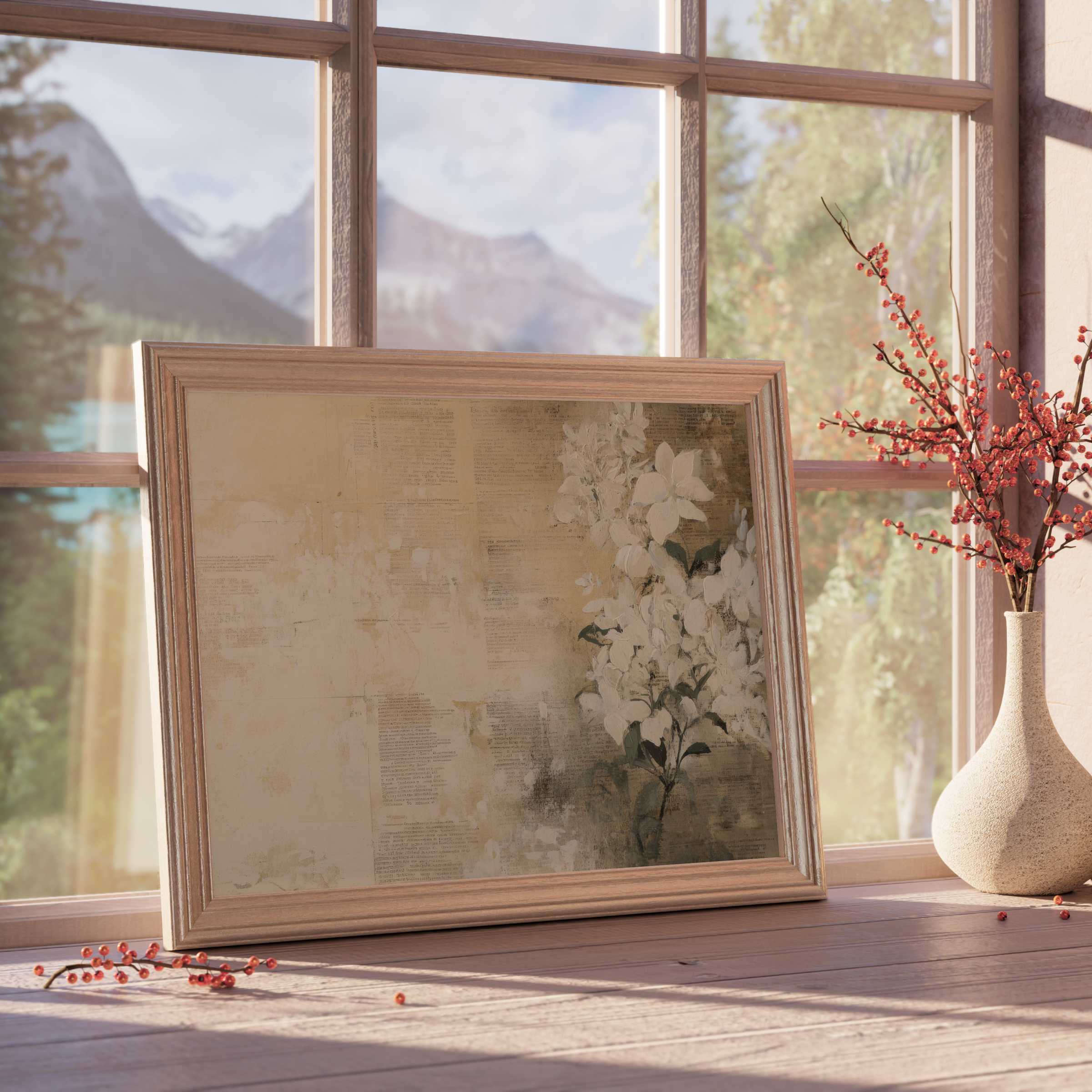 Botanical downloadable art with soft white blooms and vintage textures, enhancing serene, curated luxe interiors