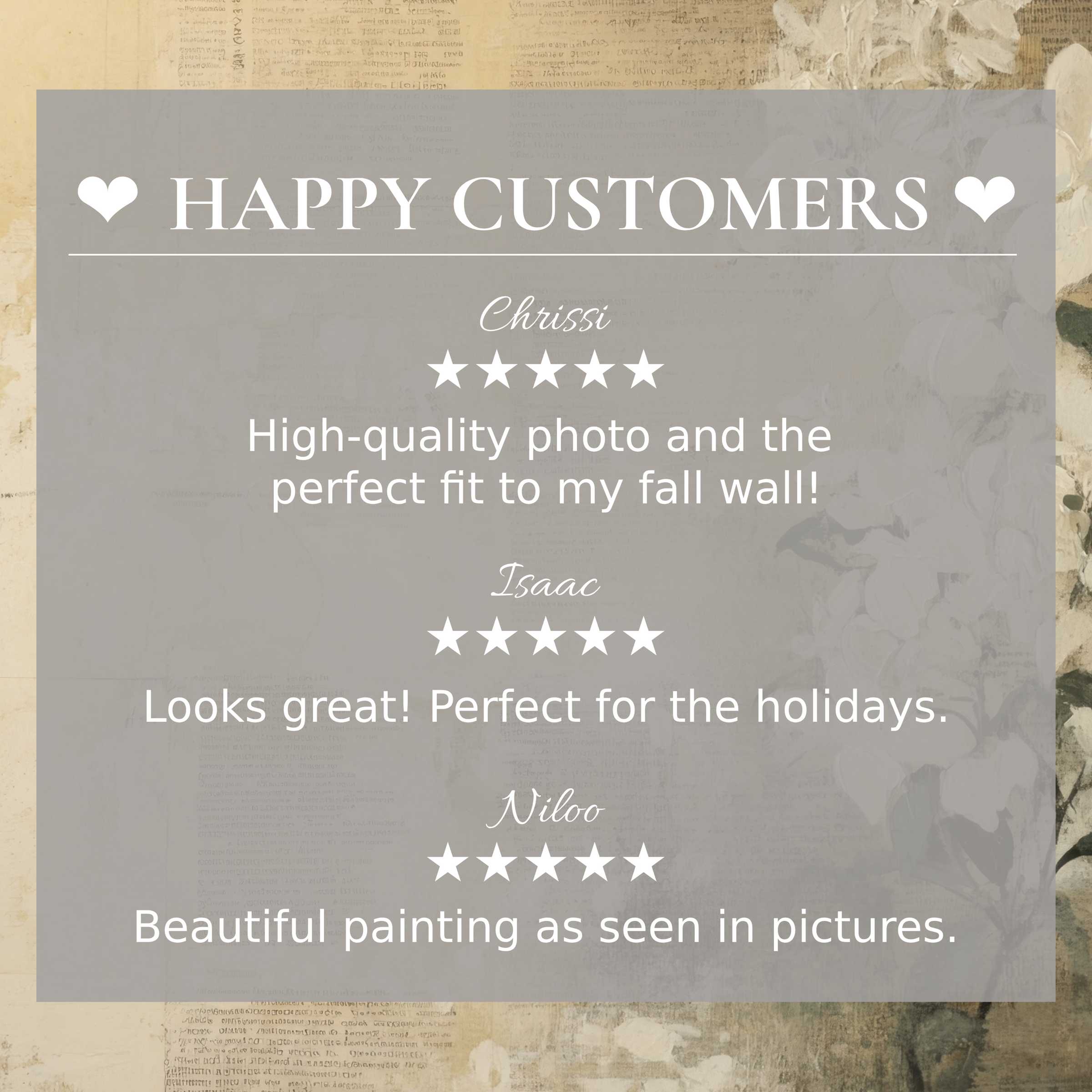 Refined botanical art for Frame TV with elegant floral background, showcasing happy customer reviews that build trust