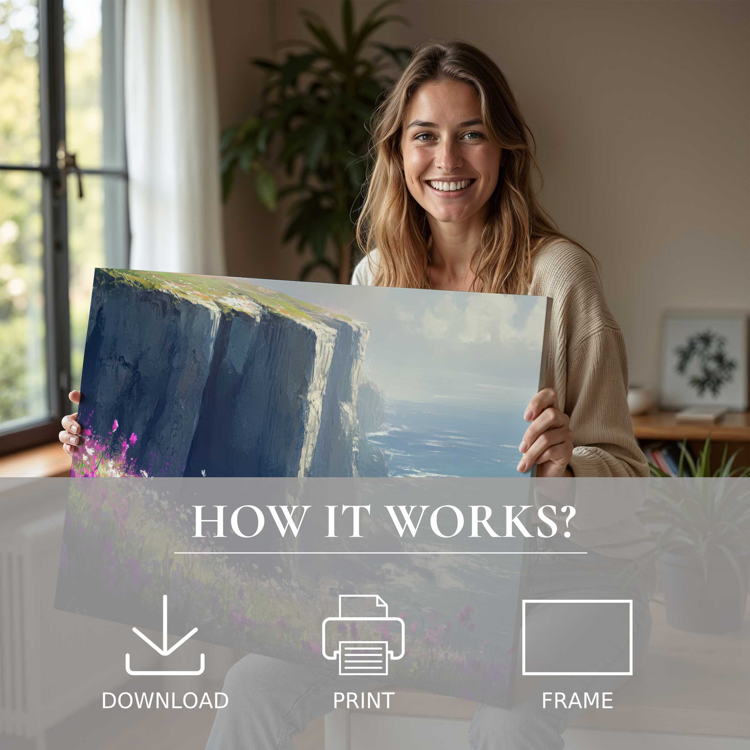 Coastal digital art print evokes joy and connection, transforming modern living spaces with effortless elegance and serene beauty