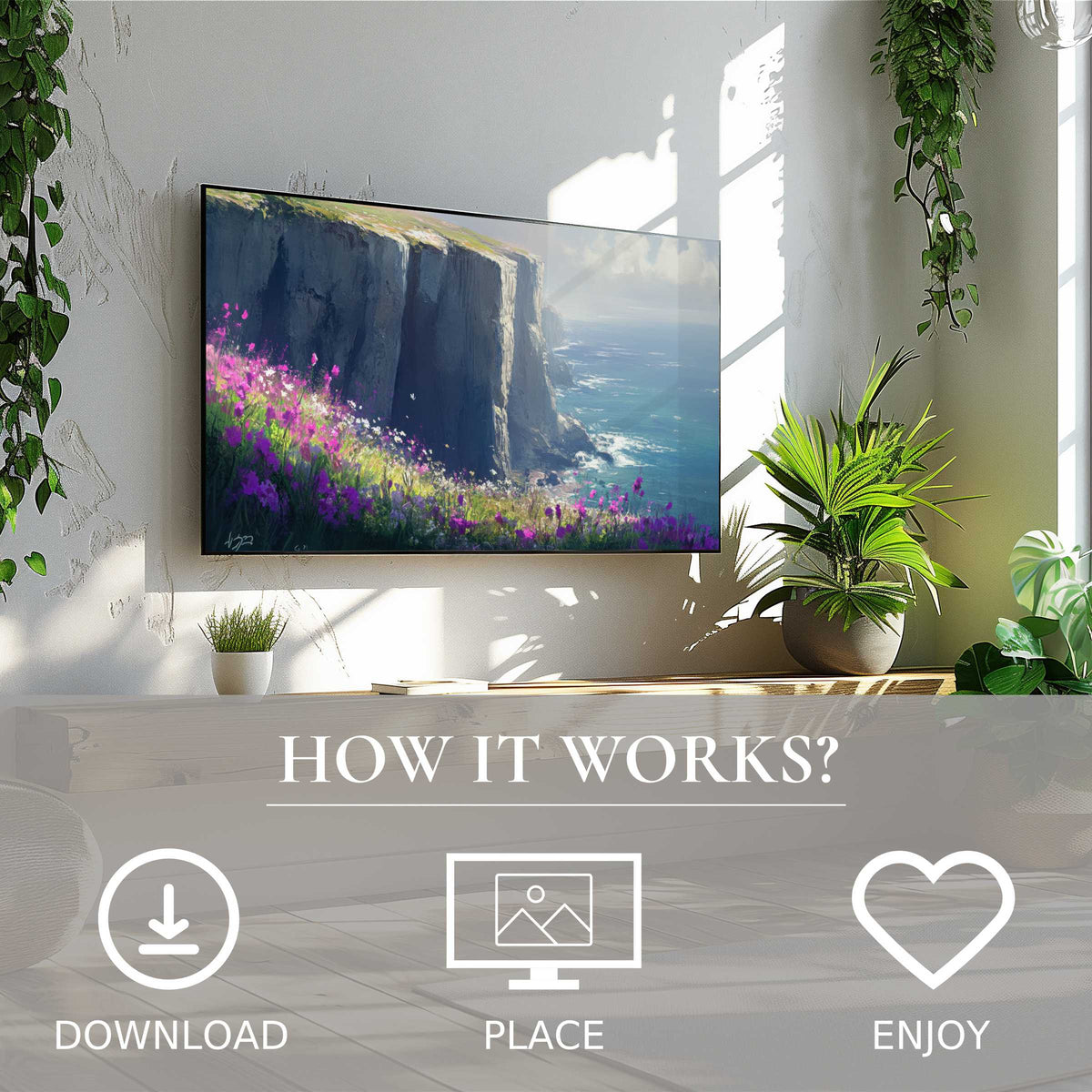 Coastal art for Samsung TV shows soft cliffs and vibrant coastal flowers, easy digital download enriches modern living rooms