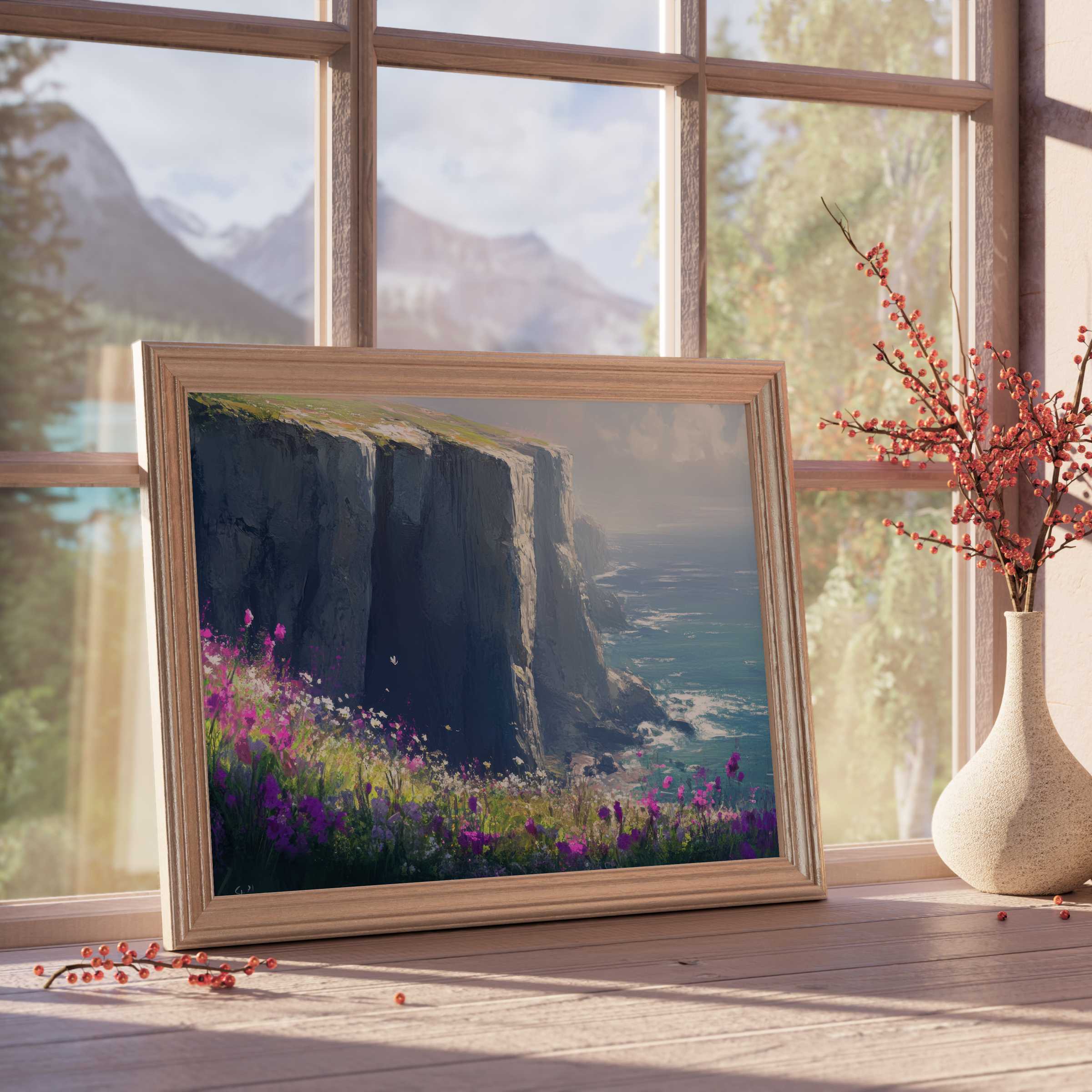 Coastal downloadable art capturing rugged cliffs and vibrant wildflowers bathed in serene, golden light for tranquil, curated interiors