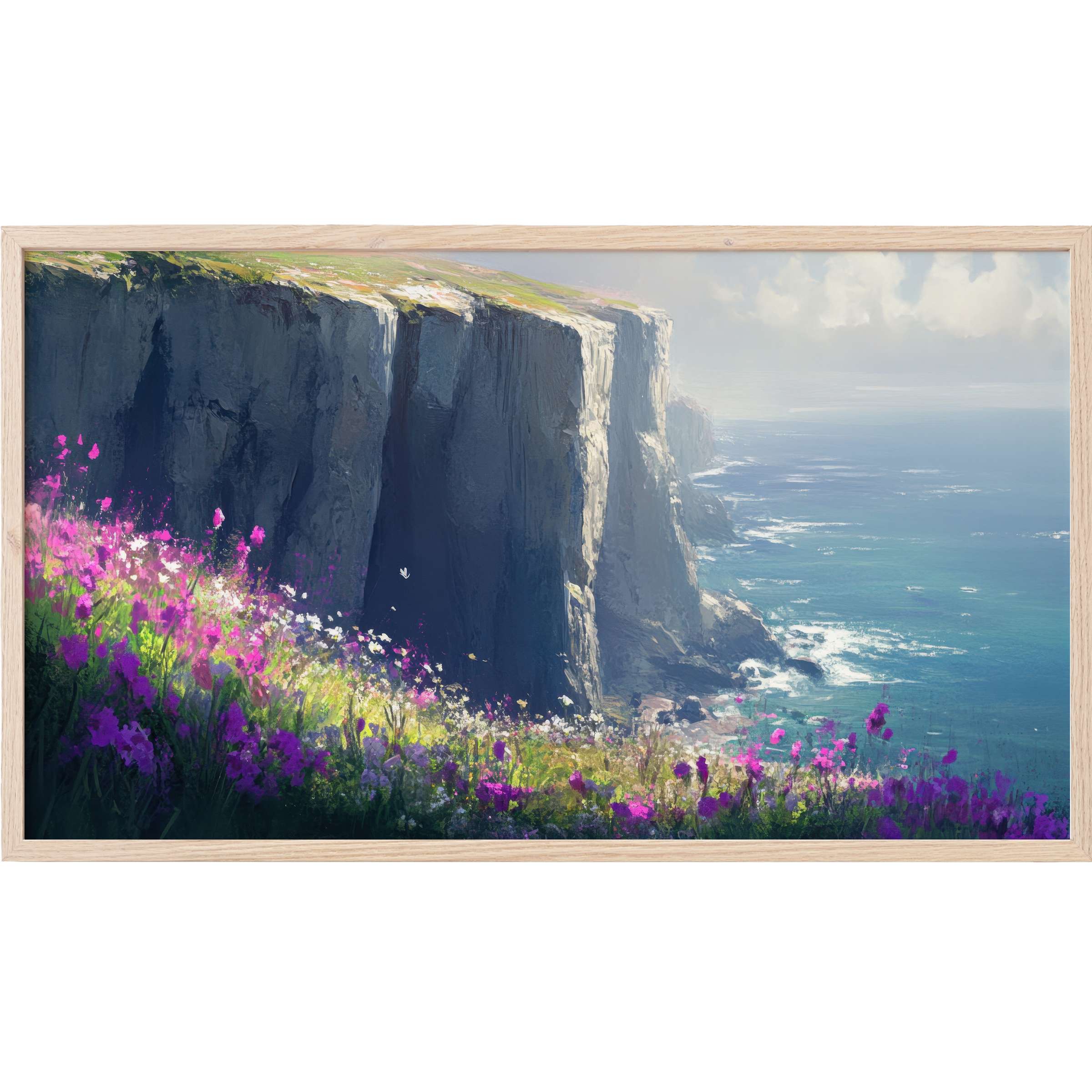 Dramatic cliffs meet soft ocean waves with vibrant pink and white blooms in this coastal Frame TV Art