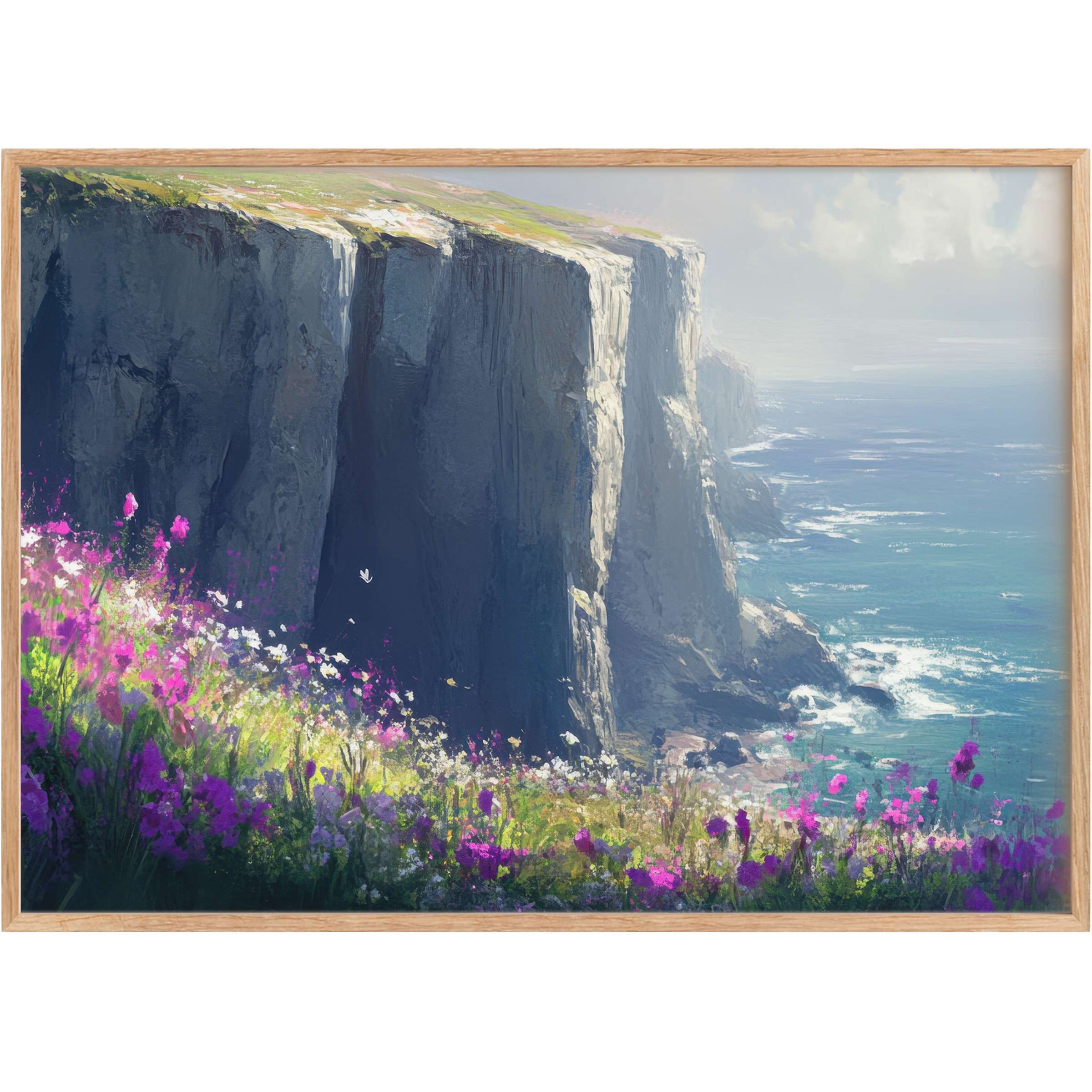 Coastal printable wall art capturing radiant cliffs and vibrant wildflowers, infusing interiors with serene oceanic elegance