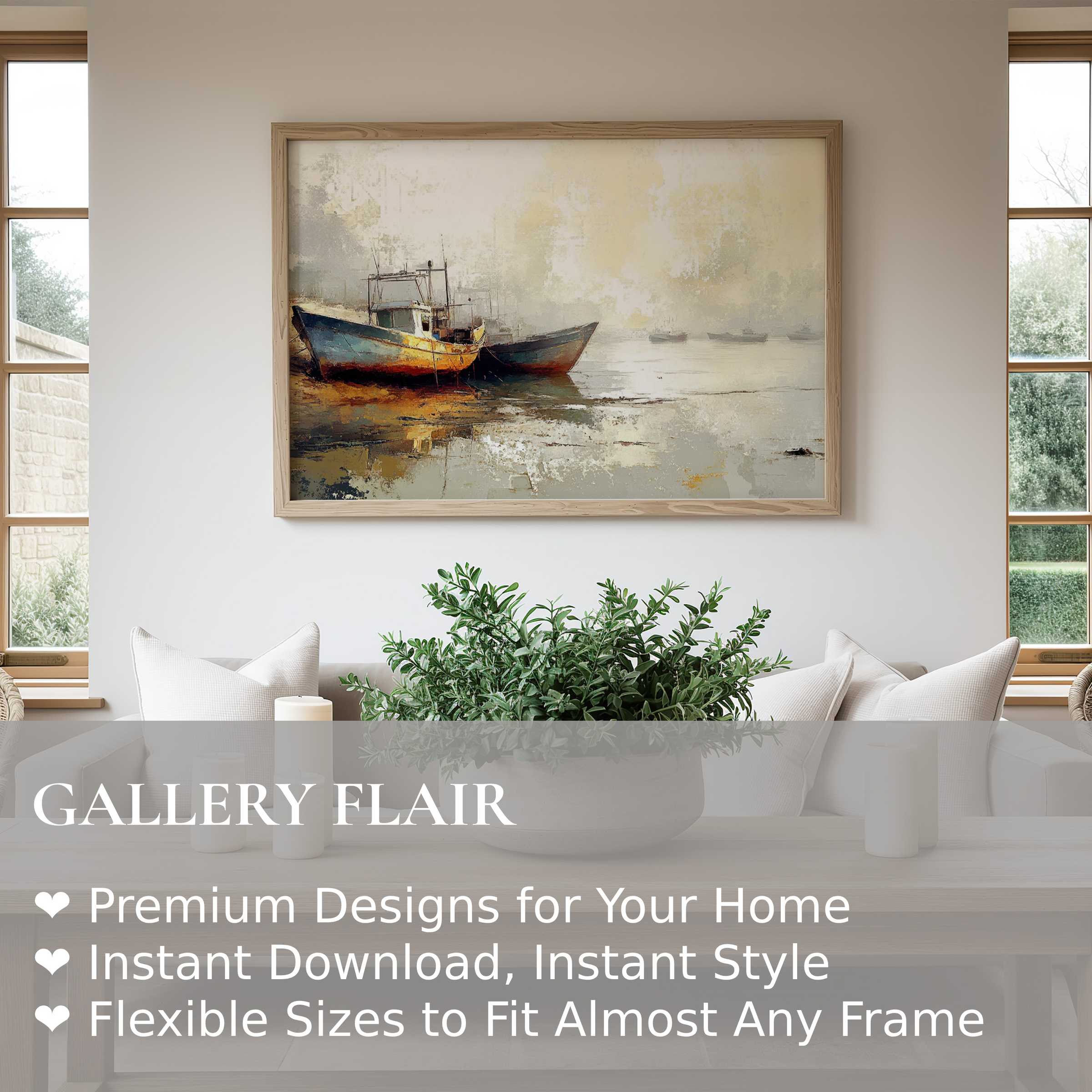 Serene beach wall art print featuring rustic boats in soft, muted tones, enhancing modern coastal interiors with calming, refined elegance