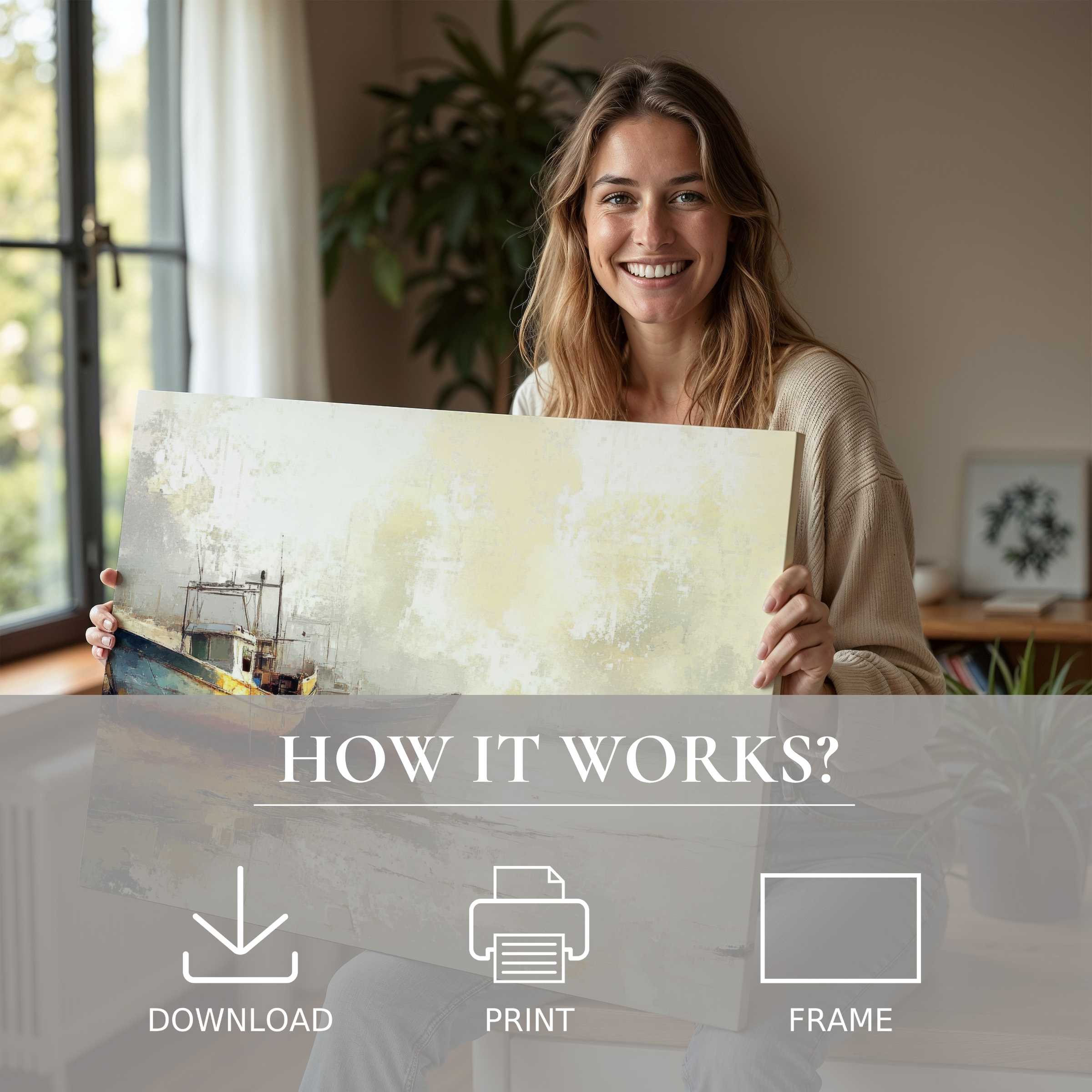 Sunlit moment of joy embracing beach digital art print, evoking serenity and effortless elegance in modern home decor