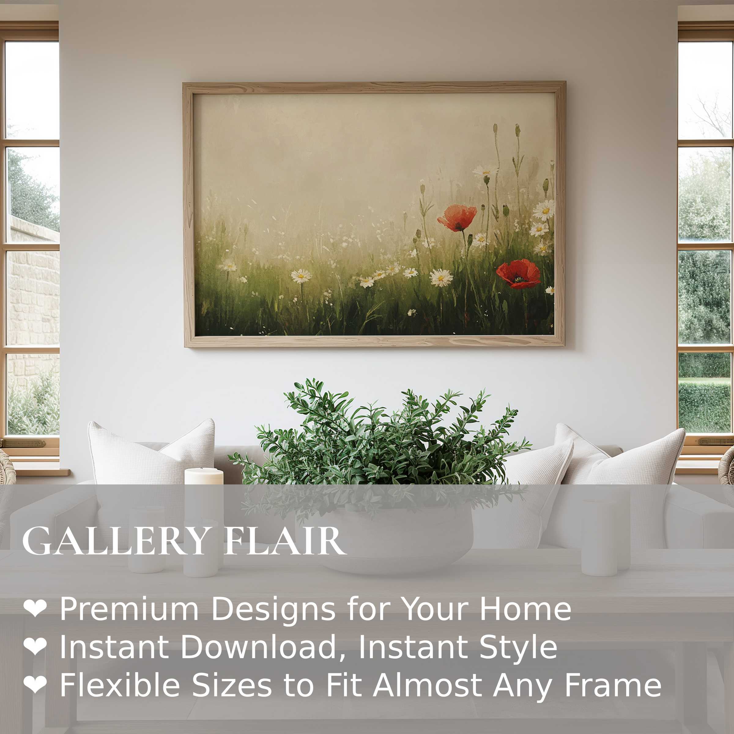 Spring wall art print showcasing delicate daisies and vibrant poppies in a soft, calming meadow scene Enhances modern, minimalist interiors with natural warmth and serene botanical charm
