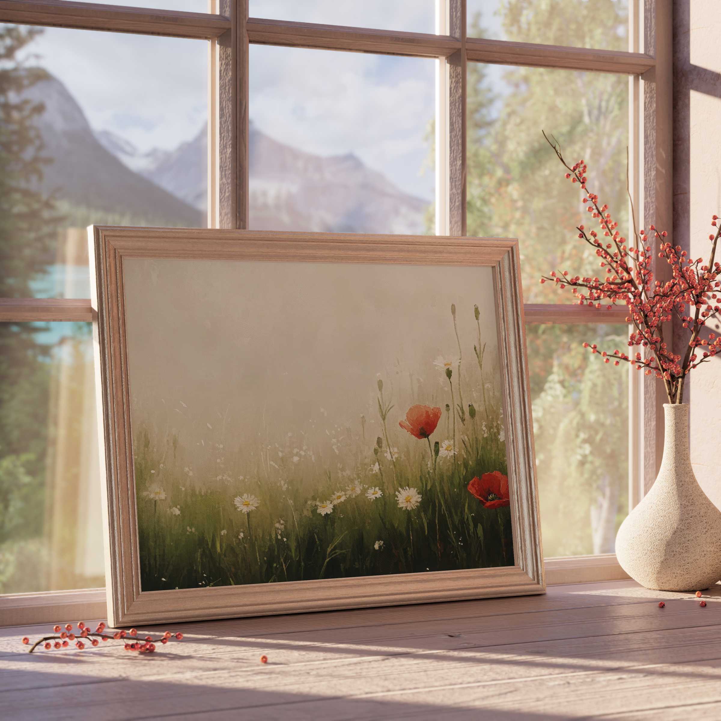 Spring downloadable art of serene wildflowers in soft light, enriching curated interiors with calm, nature-inspired elegance