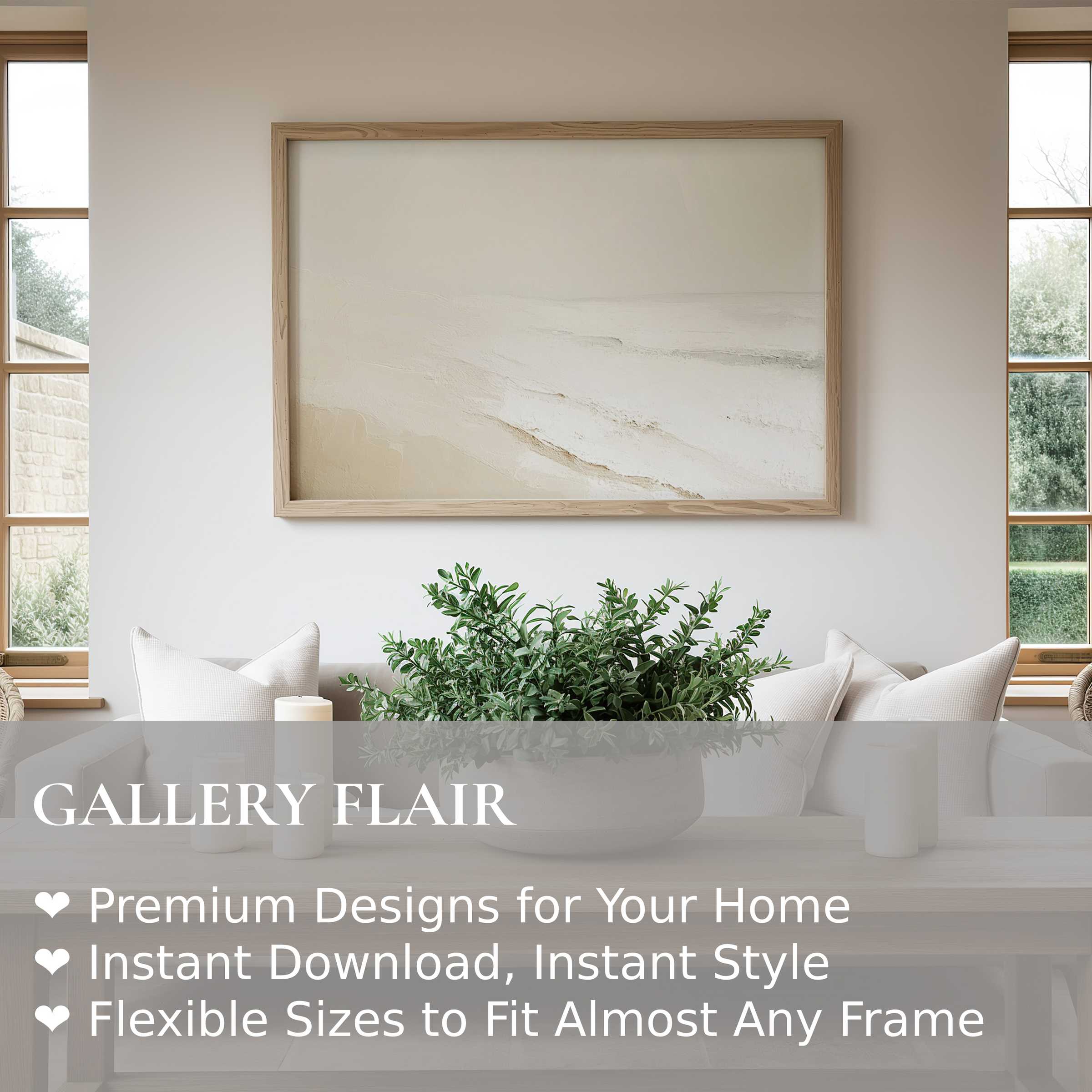 Serene summer wall art print with soft beige tones and gentle textures, enhancing a minimalist, modern living space with calming coastal elegance