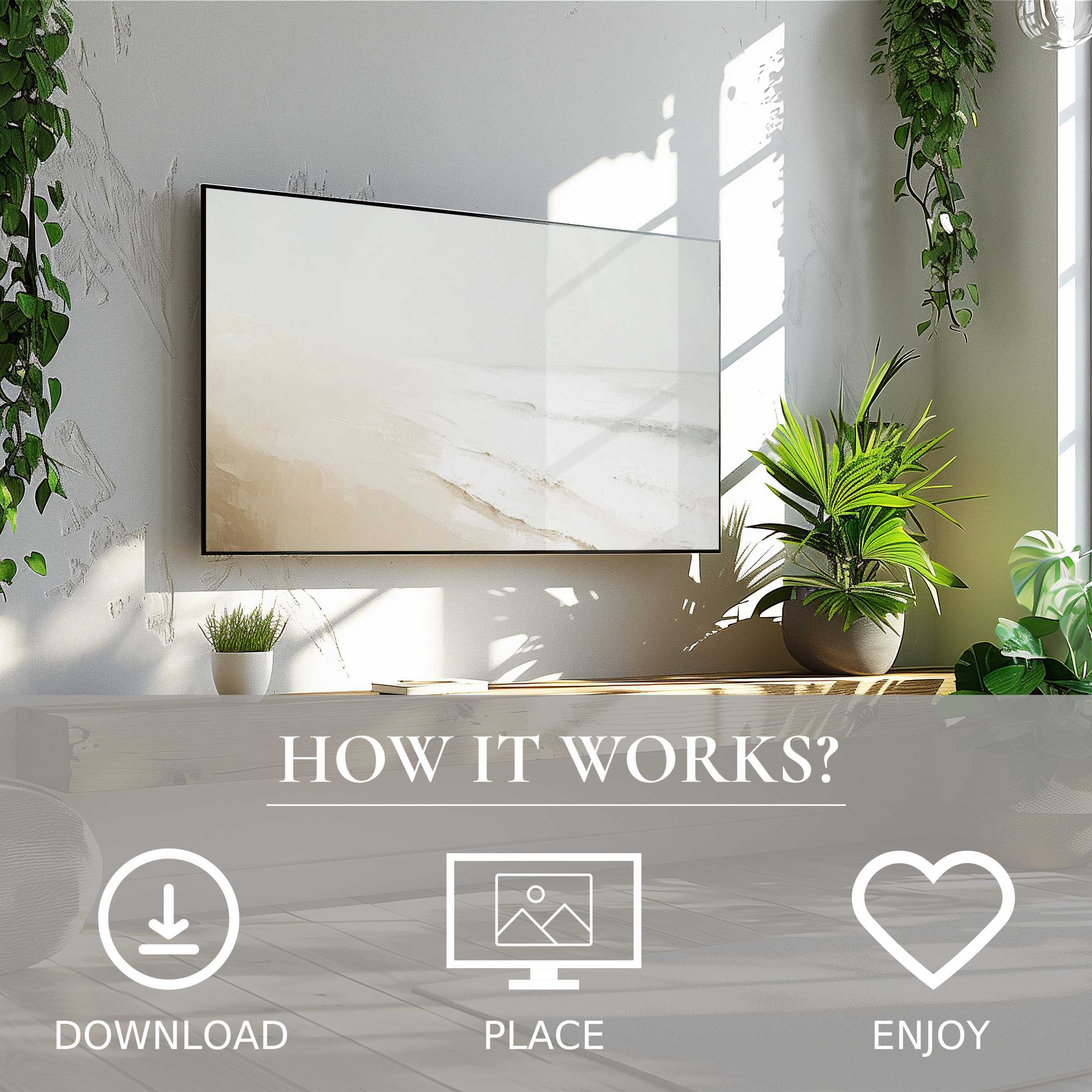 Modern living room with summer art for Samsung TV in soft sunset tones; easy digital download enriches space