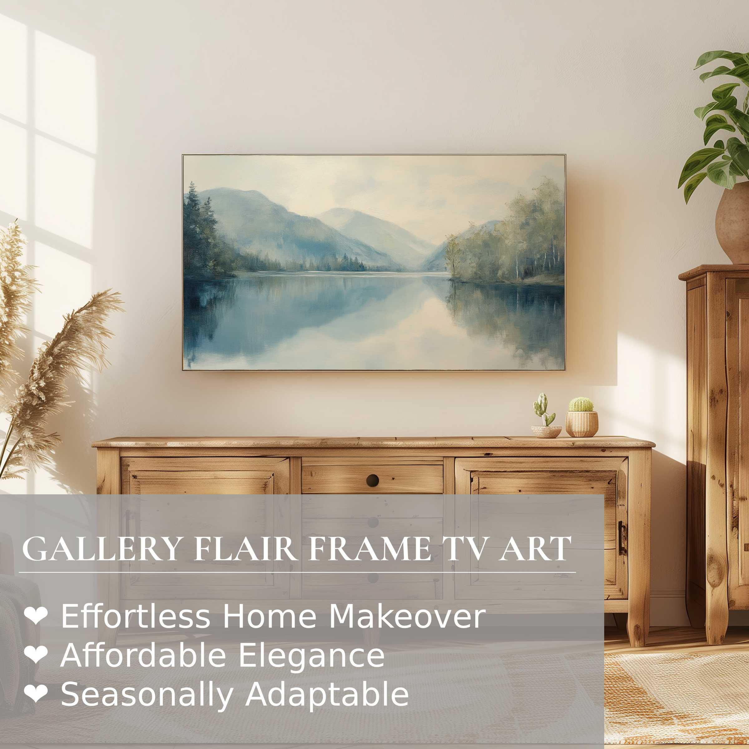 Samsung Frame TV displays serene, muted landscape digital artwork, enhancing a refined, natural home decor ambiance