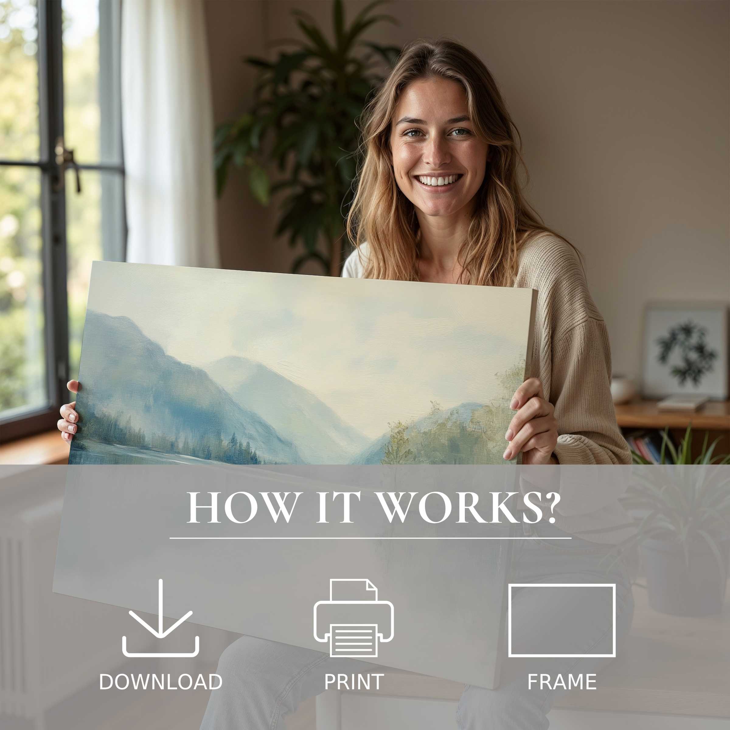 Joyful moment in a modern home, unveiling a serene landscape digital art print that elevates living spaces with effortless elegance