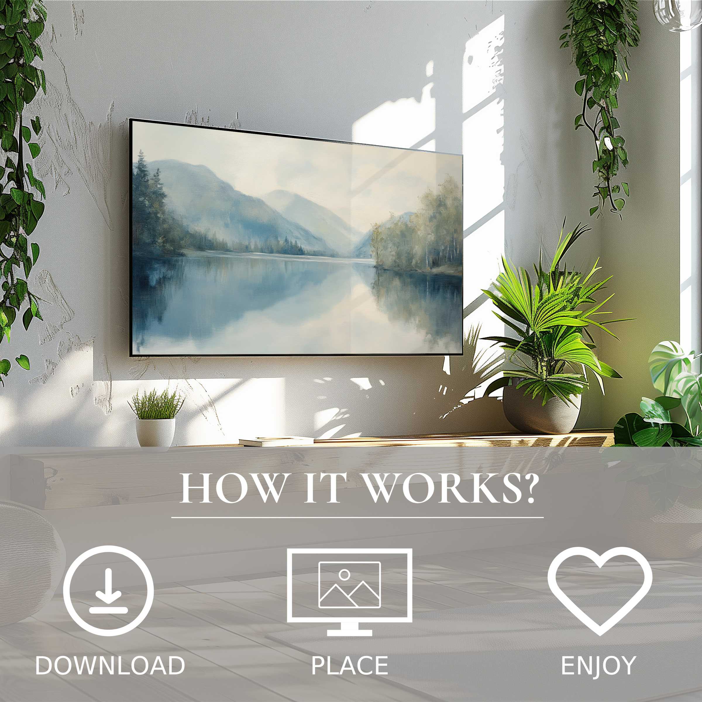 Modern living space with landscape art for Samsung TV, featuring soft misty blue tones; easy digital download enriches room