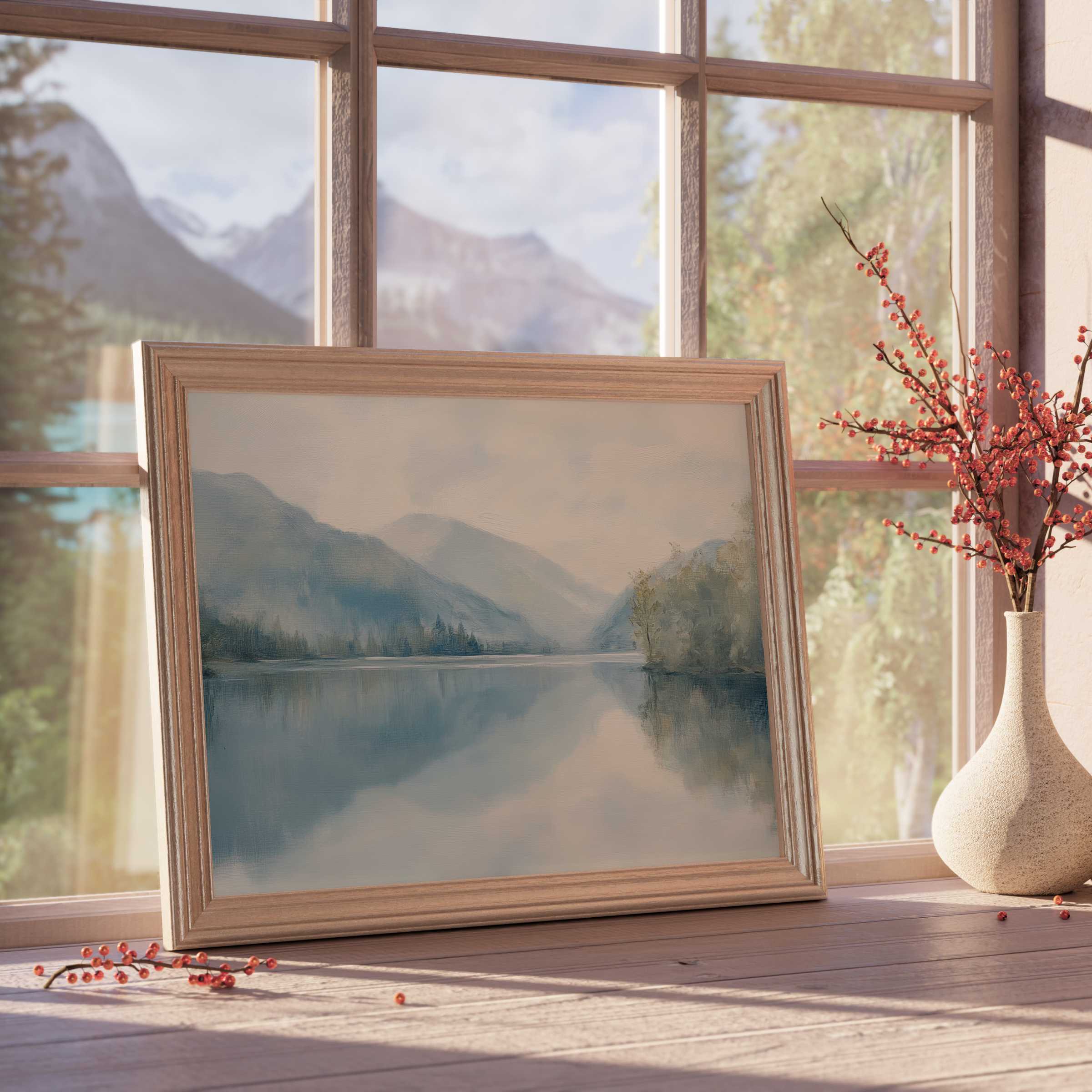 Serene landscape downloadable art capturing misty mountains and tranquil lake reflections, elevating calm, curated interiors with timeless elegance