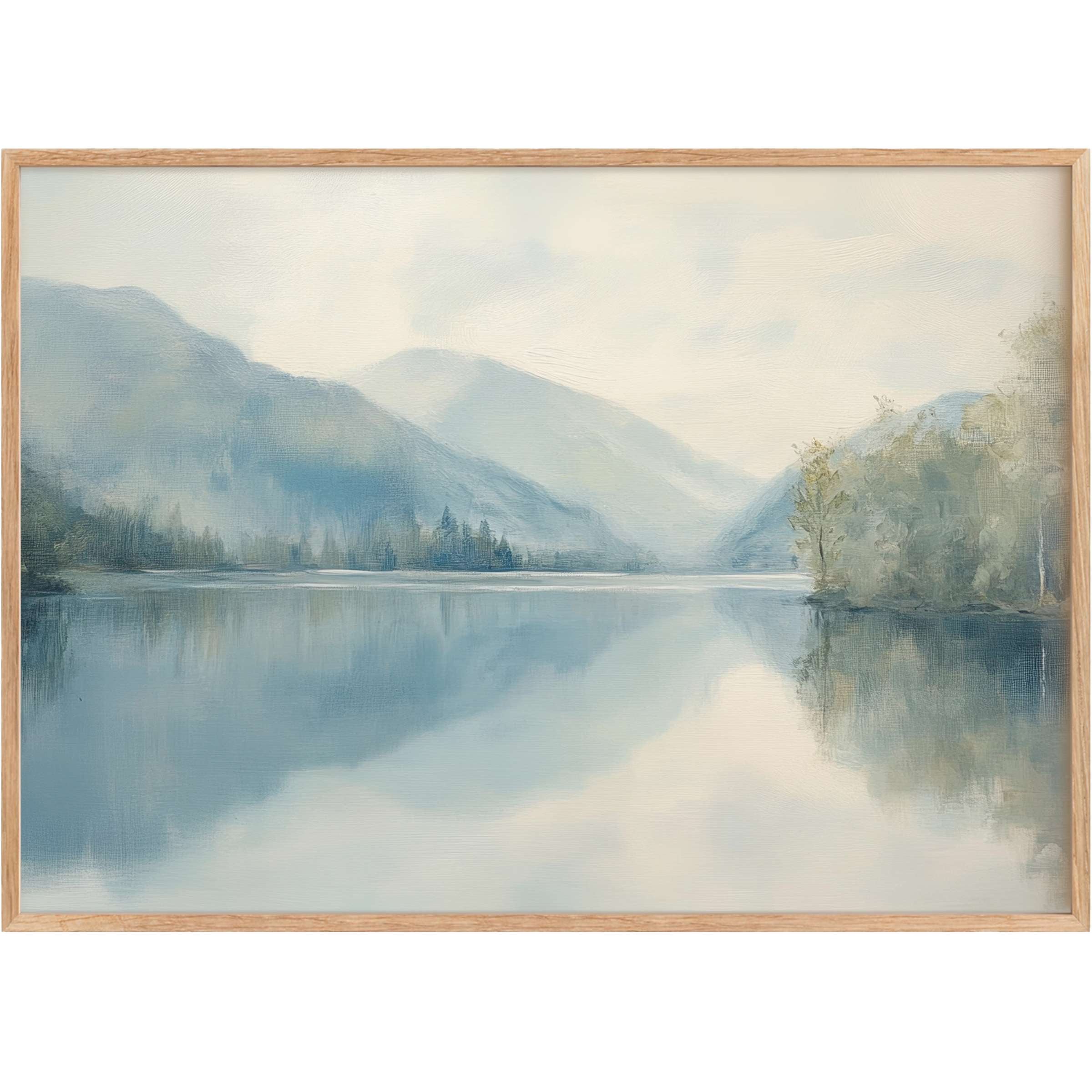 Serene landscape printable wall art with misty blue mountains and reflective lake, evoking calm sophistication and tranquil elegance