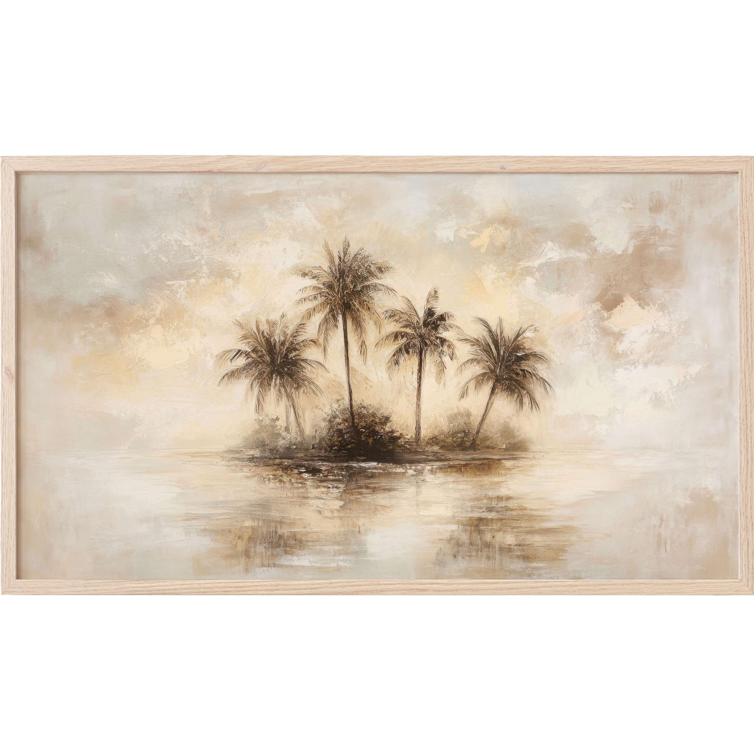 Serene palm island scene in soft beige and brown hues with subtle reflections, a vintage Frame TV Art for refined spaces