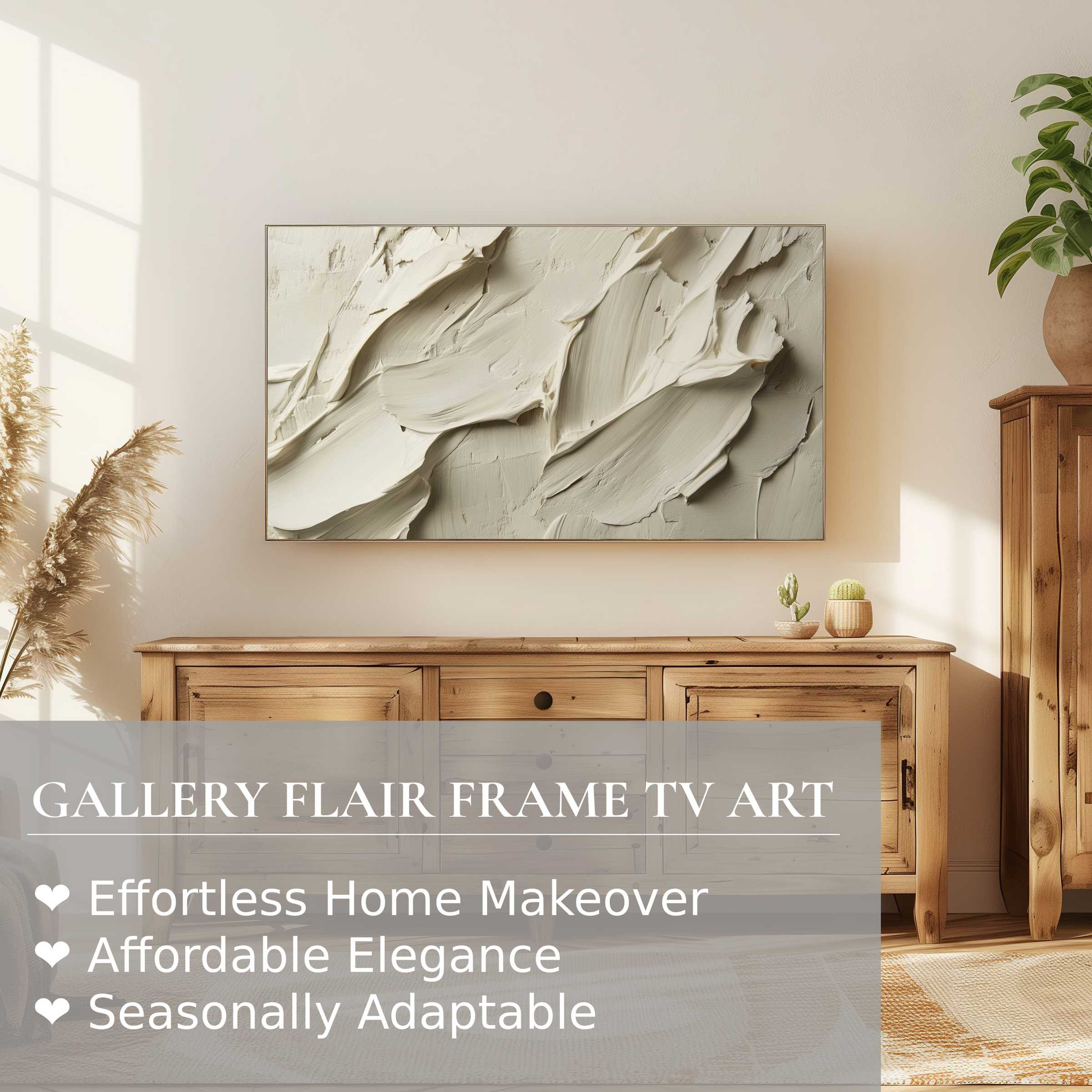 Samsung Frame TV displaying neutral digital artwork in a modern, natural wood setting with elegant home decor