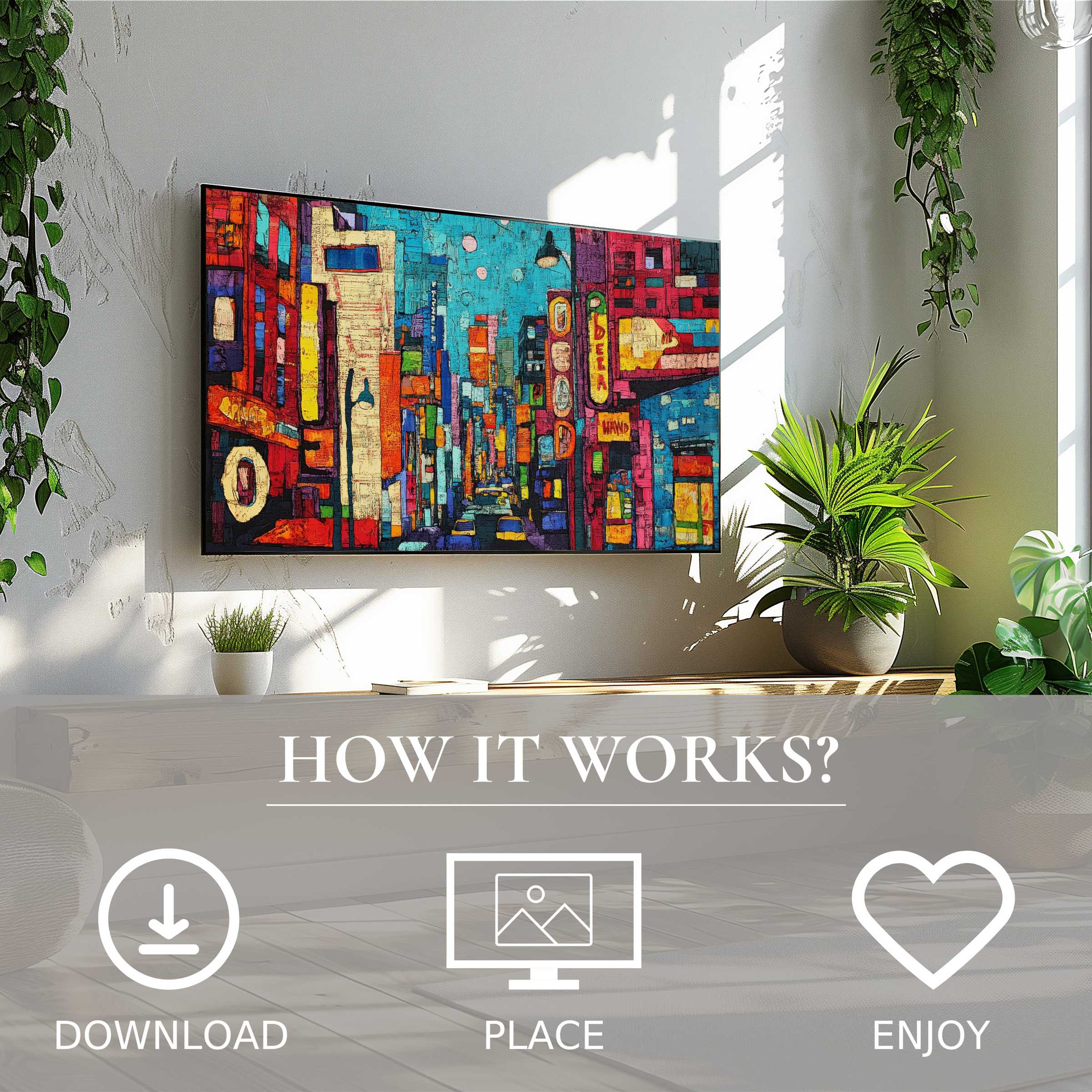 Pop art art for Samsung TV, vibrant cityscape motif, easy digital download, enriches modern living spaces