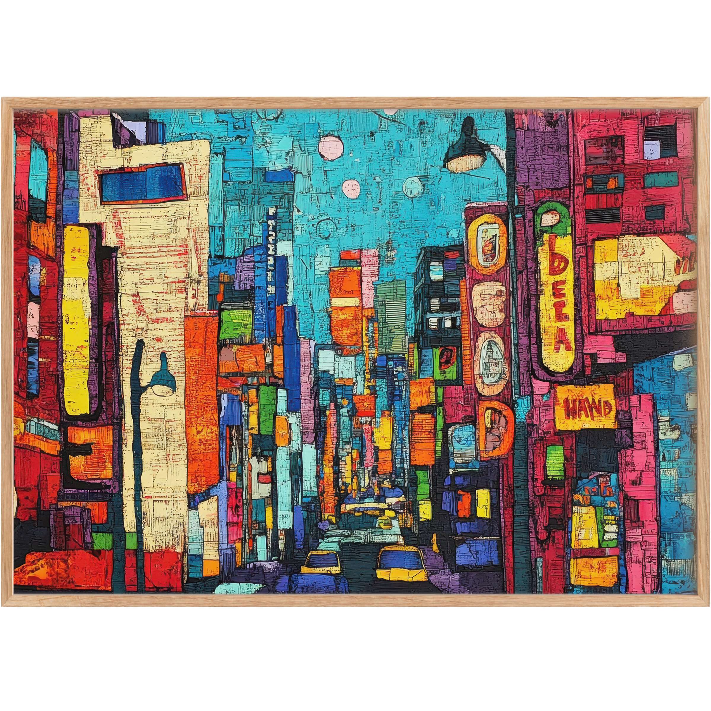 Vibrant pop art printable wall art floods interiors with electric blues, fiery reds, and warm yellows, capturing a bold cityscape pulse