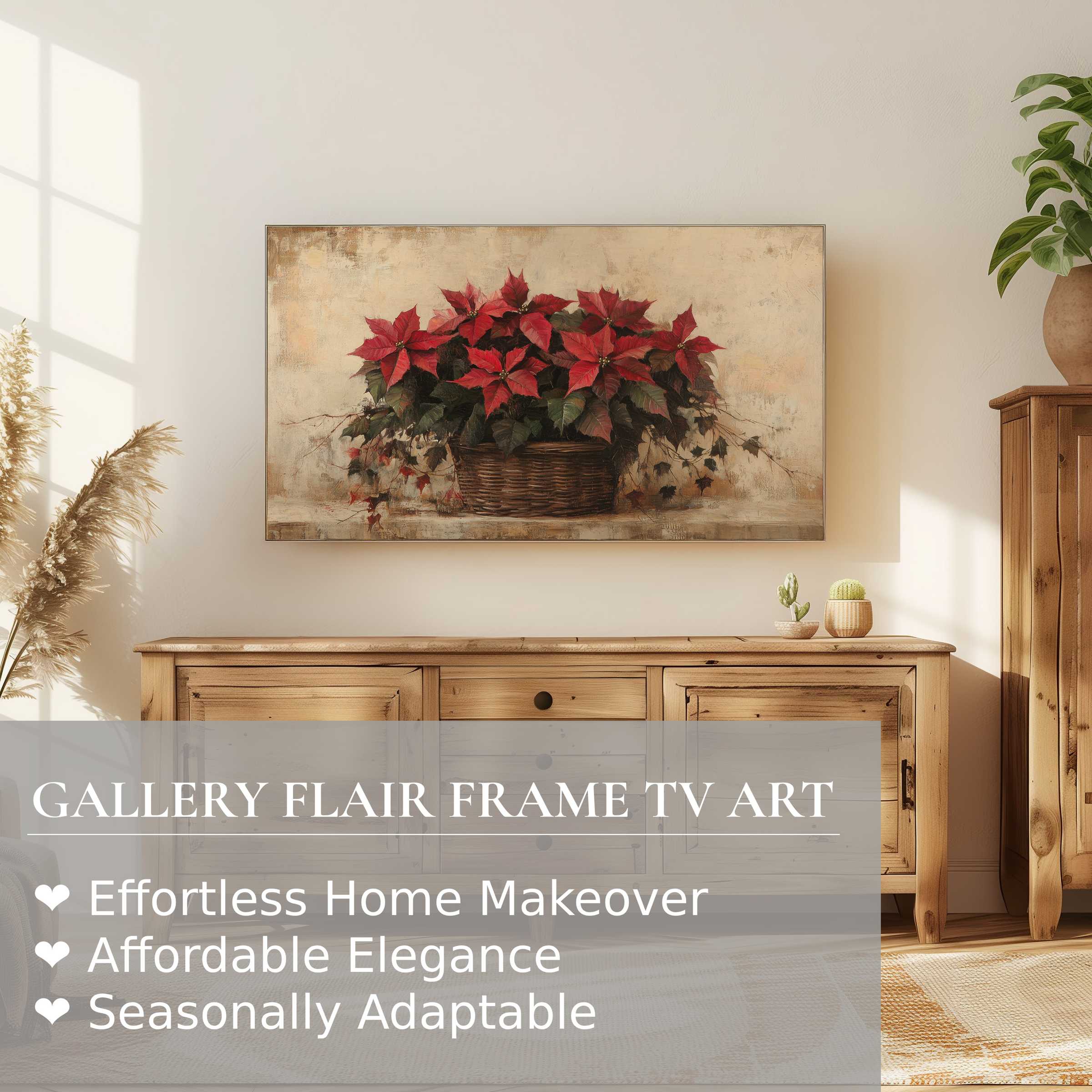 Elegant christmas digital artwork of poinsettias on Samsung Frame TV in a warm, modern living room setting