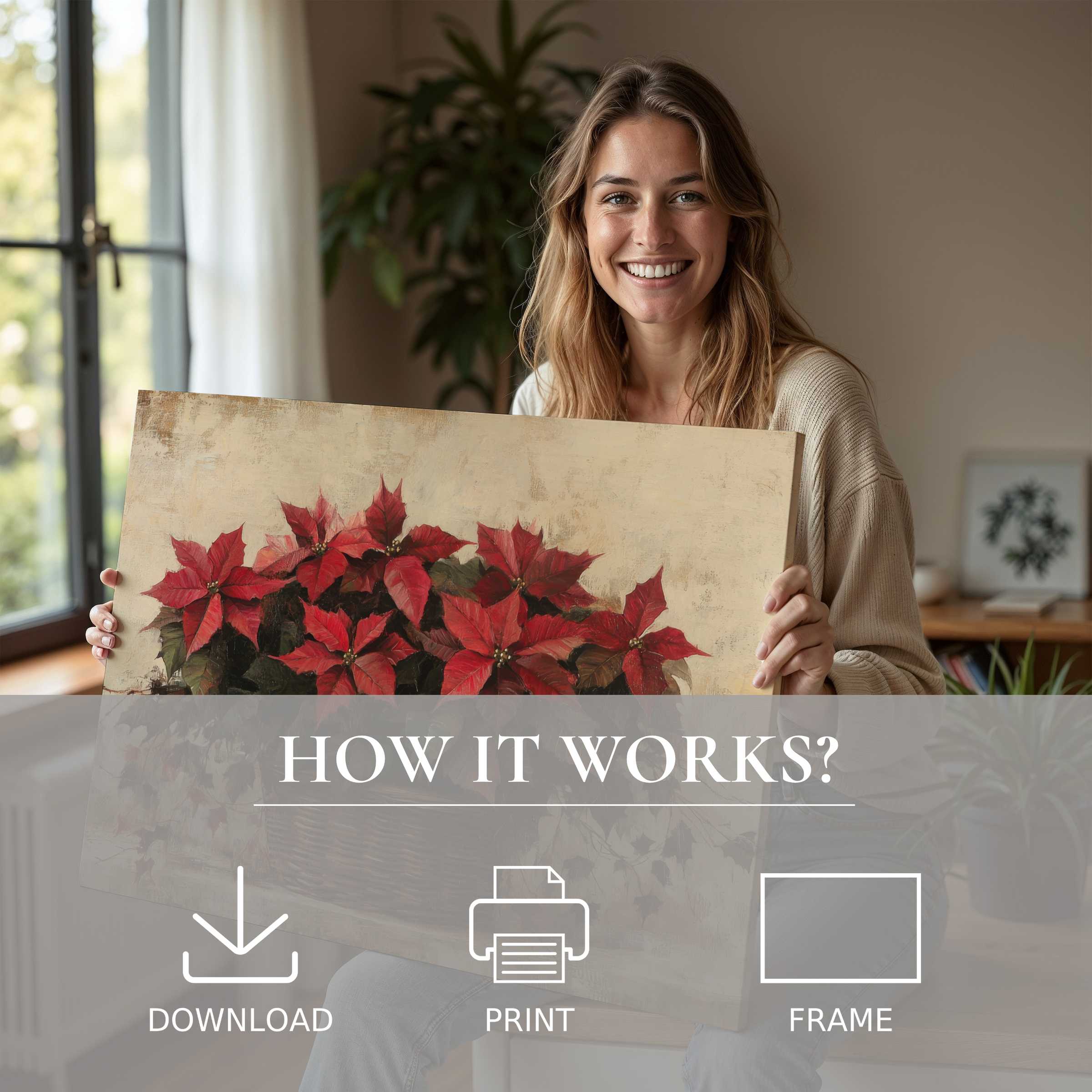 A serene moment of joy as a woman embraces a Christmas digital art print with rich red poinsettias, elevating a modern home’s warmth