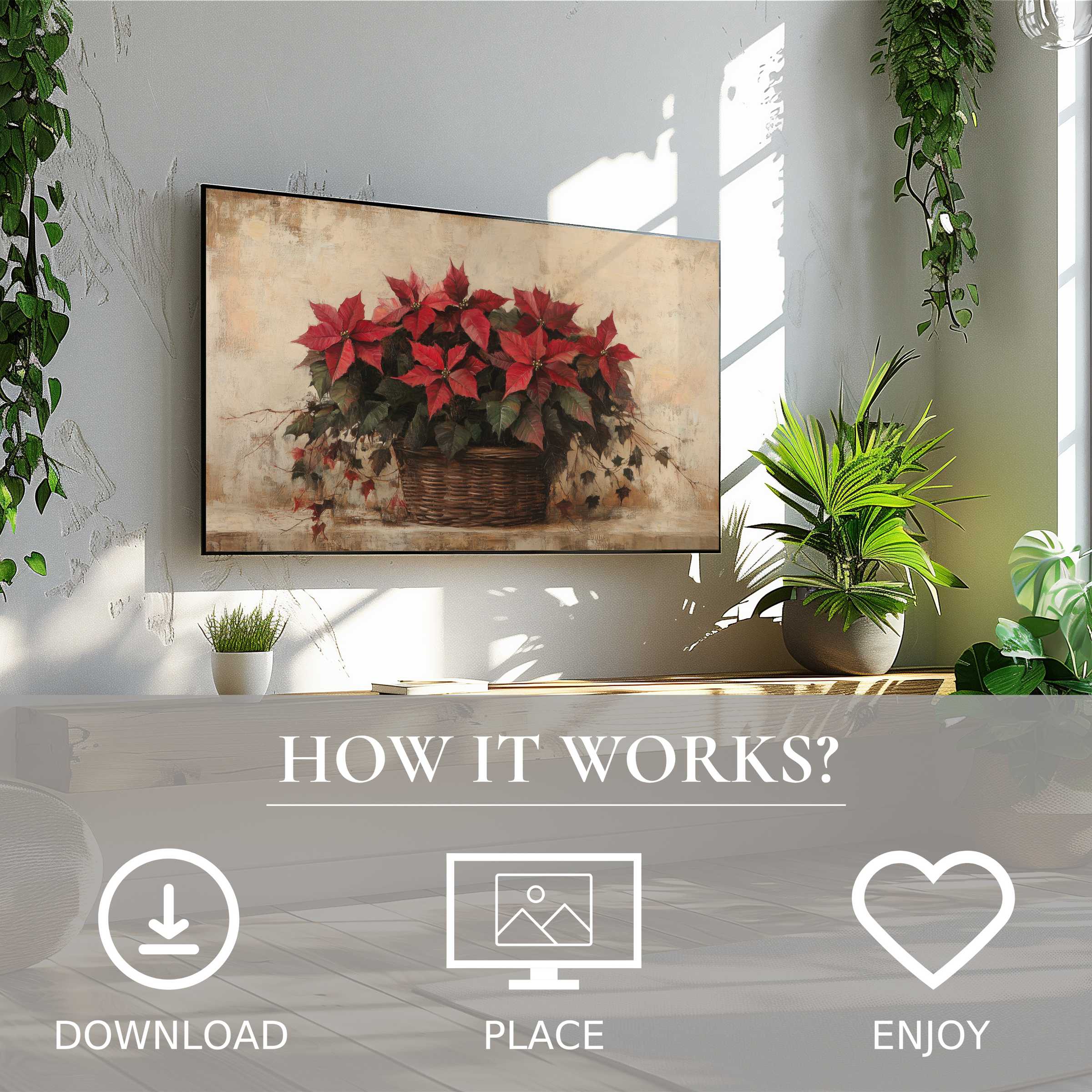 Christmas art for Samsung TV shows warm poinsettias on The Frame; easy digital download enriches modern living spaces