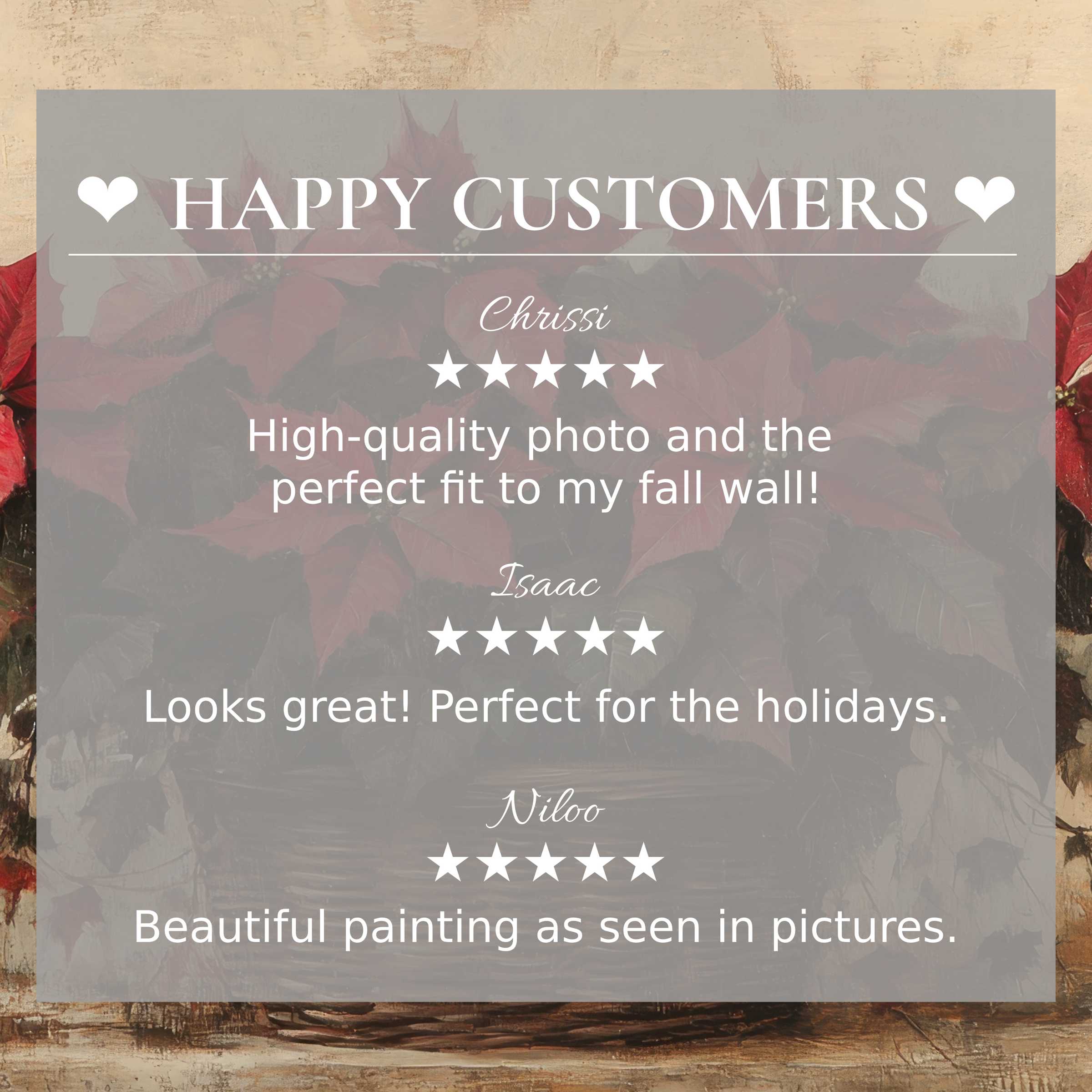 Christmas art for Frame TV with elegant poinsettia background; happy customer reviews build trust and style appeal