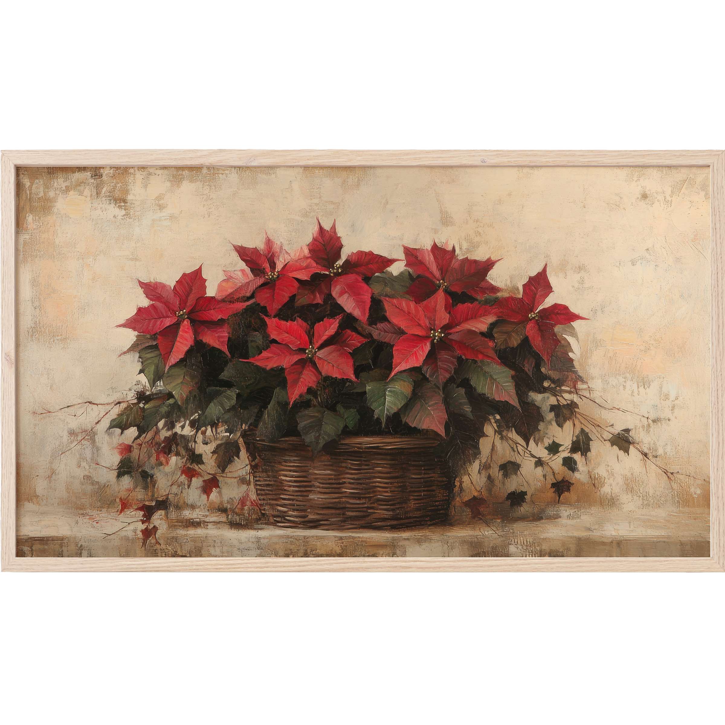 Elegant christmas Frame TV Art featuring vibrant red poinsettias in a rustic basket with muted beige background