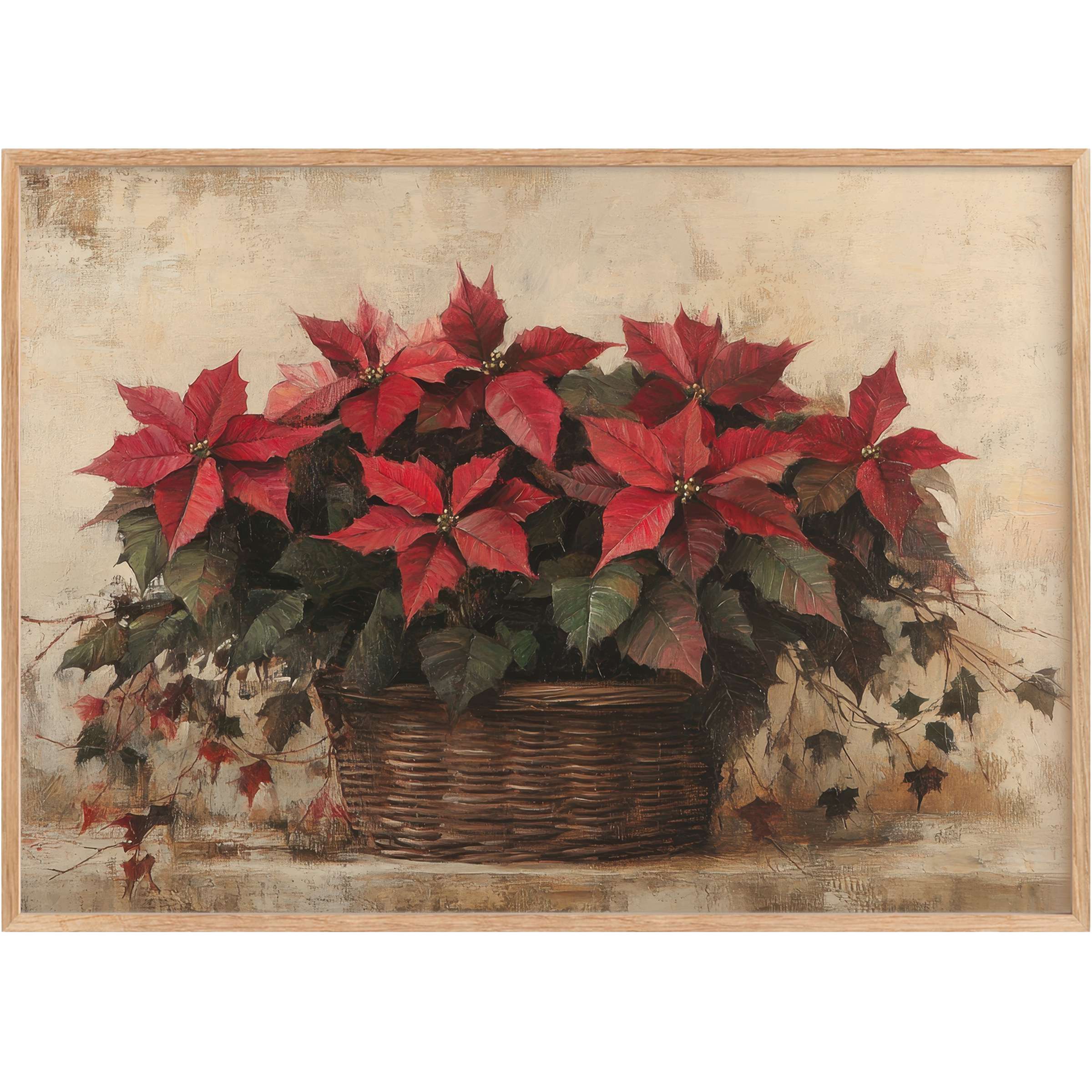 Christmas printable wall art with vibrant red poinsettias and deep green leaves in a rustic wicker basket, evoking warm, timeless elegance