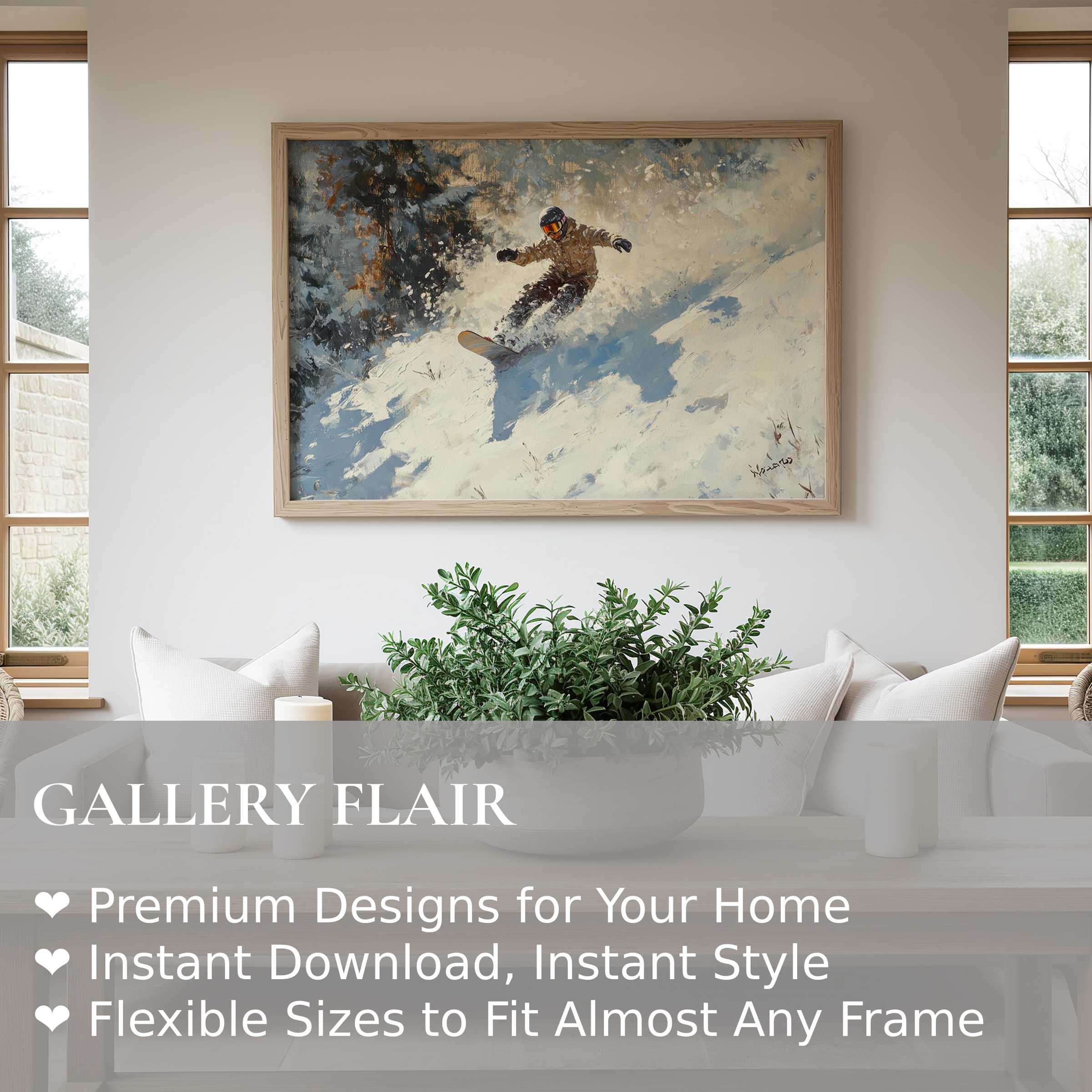 Winter wall art print capturing a dynamic snowboarder in a radiant, textured snowy forest scene; elevates modern, minimalist interiors with bold winter landscape charm