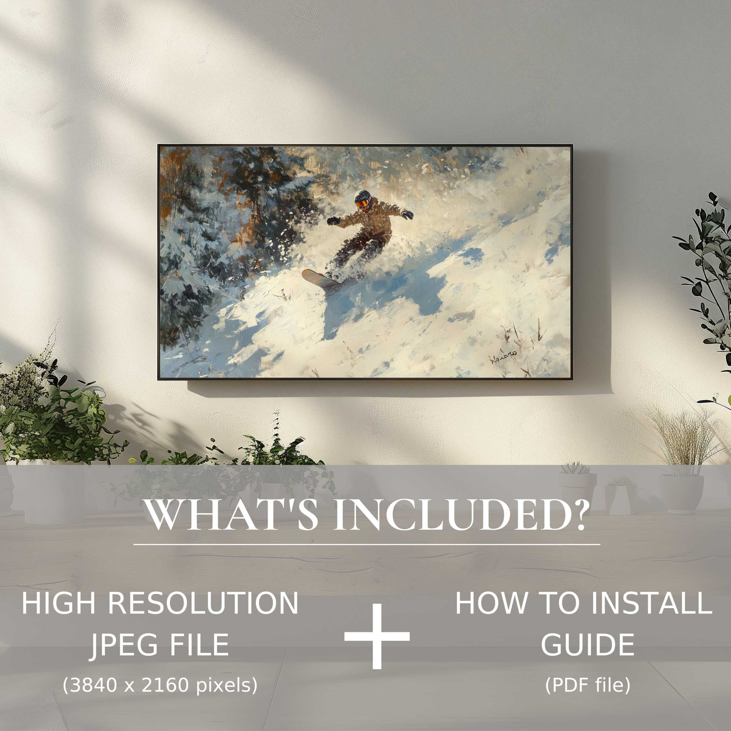 Elegant winter digital TV art download showcasing dynamic snowboarding, enhancing modern living spaces with easy digital use
