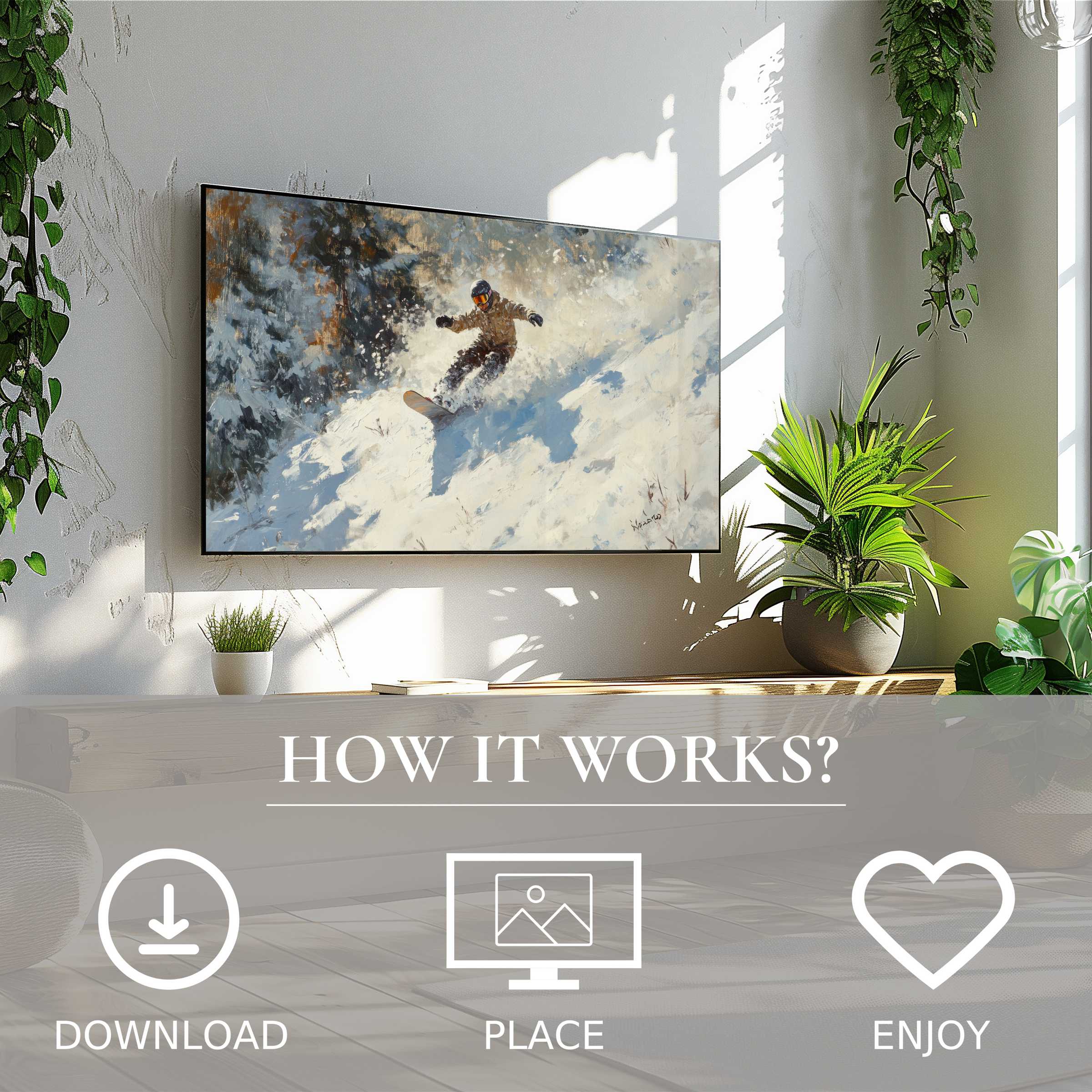 Winter art for Samsung TV shows a dynamic snowboarder in soft sunset tones, easy digital download enriches decor