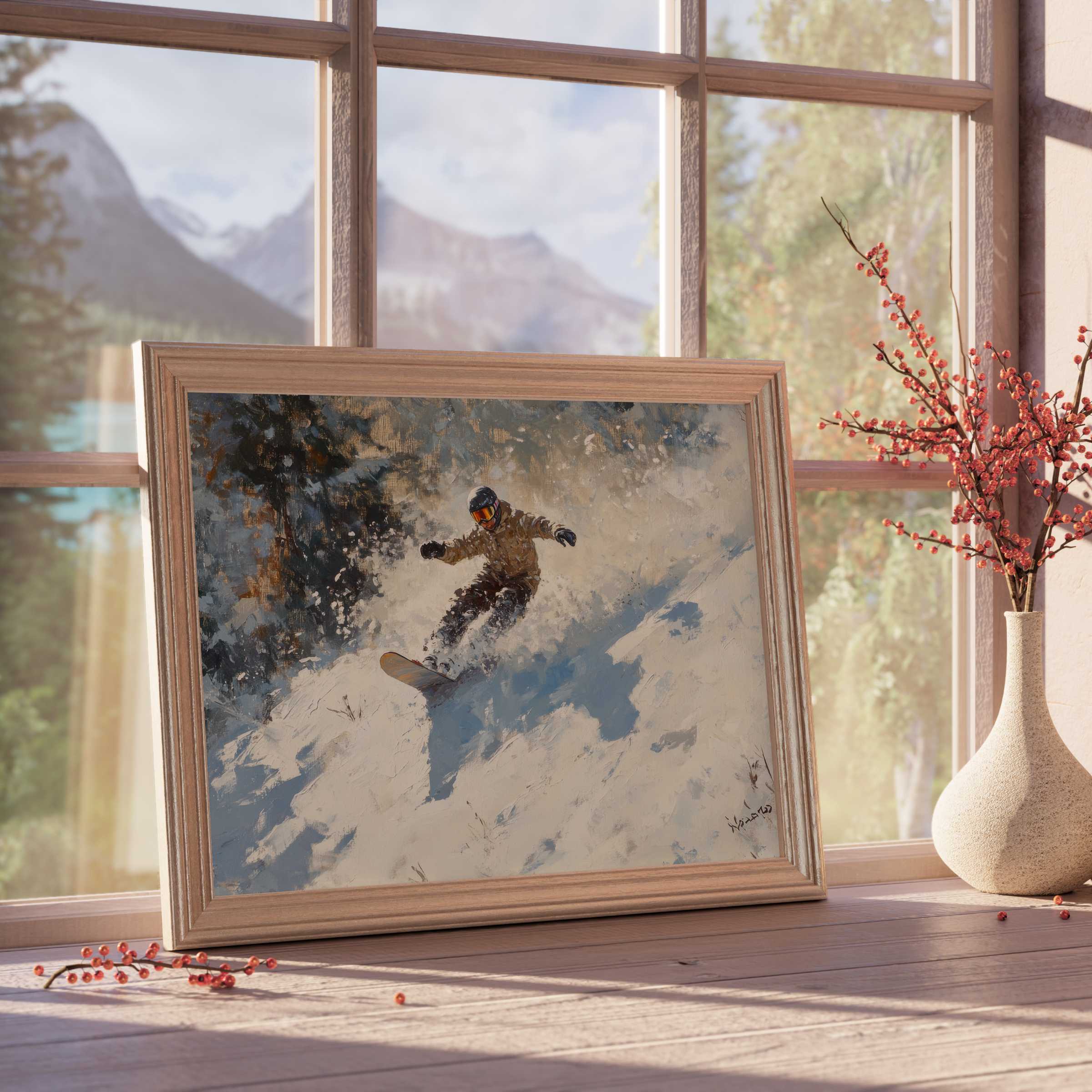 Dynamic winter downloadable art capturing serene yet adventurous snowboarding elegance, perfect for curated, tranquil modern interiors