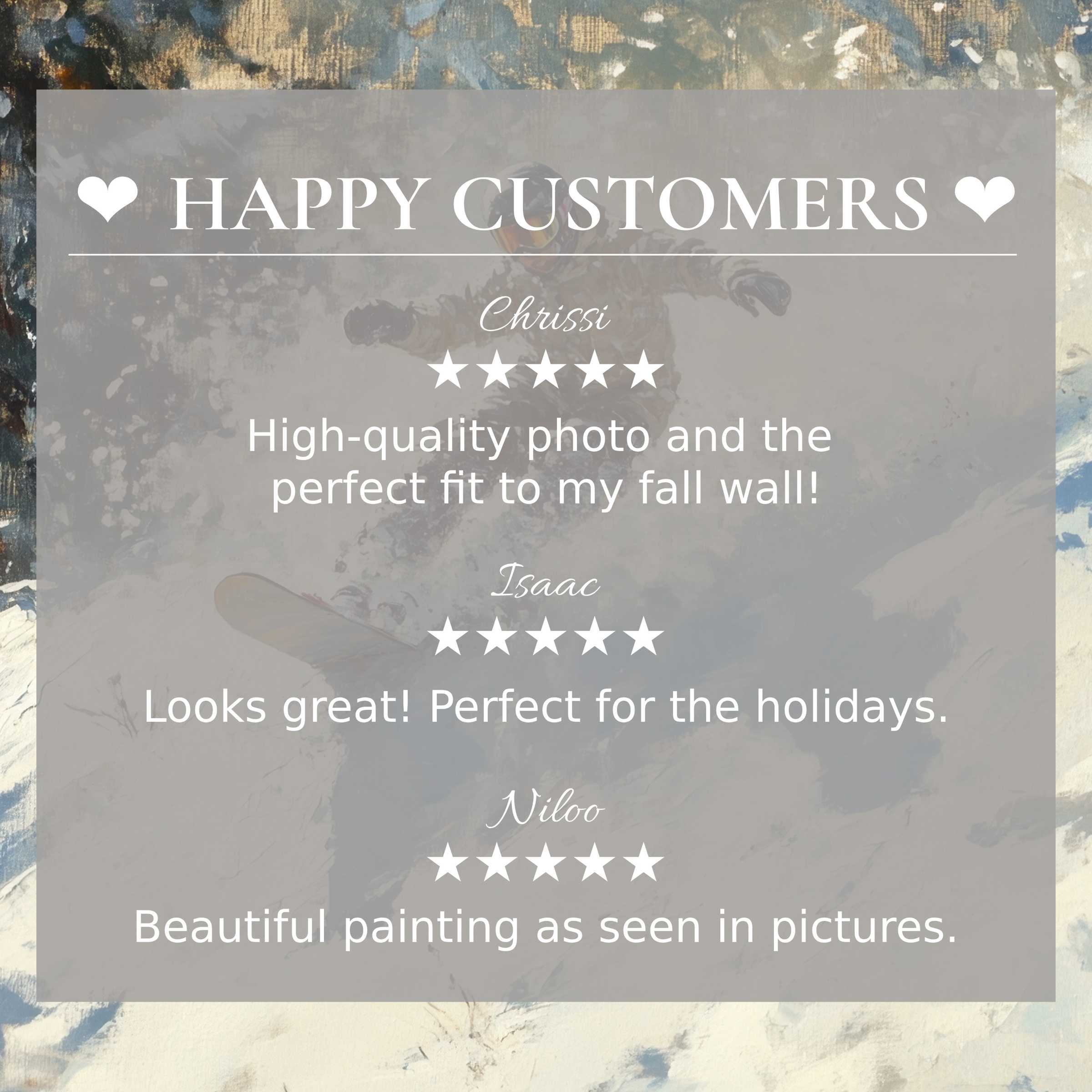 Winter art for Frame TV with abstract snow hues, showcasing happy customer trust via elegant reviews and refined layout