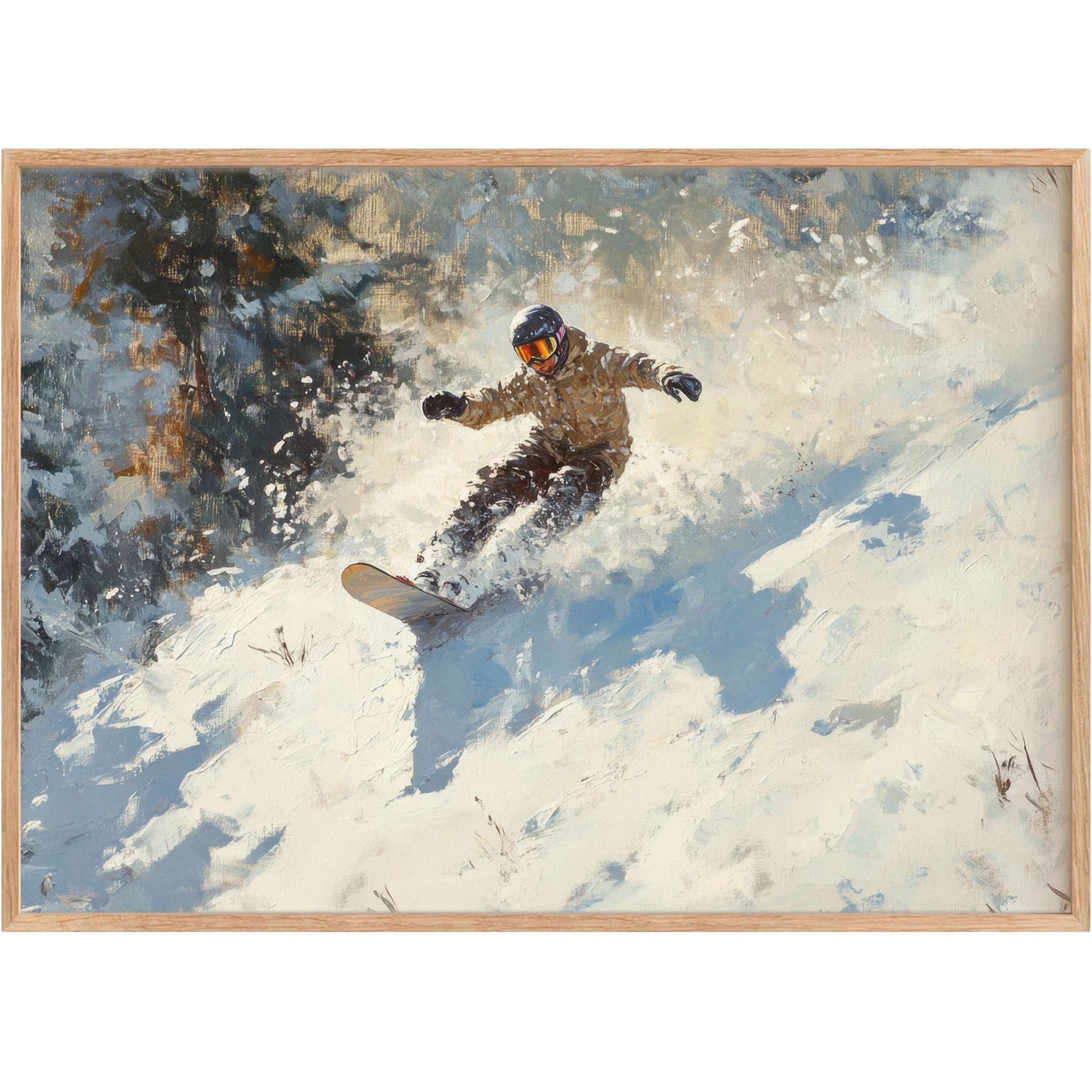 Dynamic winter printable wall art capturing vibrant snowboarding joy with cool blues and warm earth tones, energizing any modern space