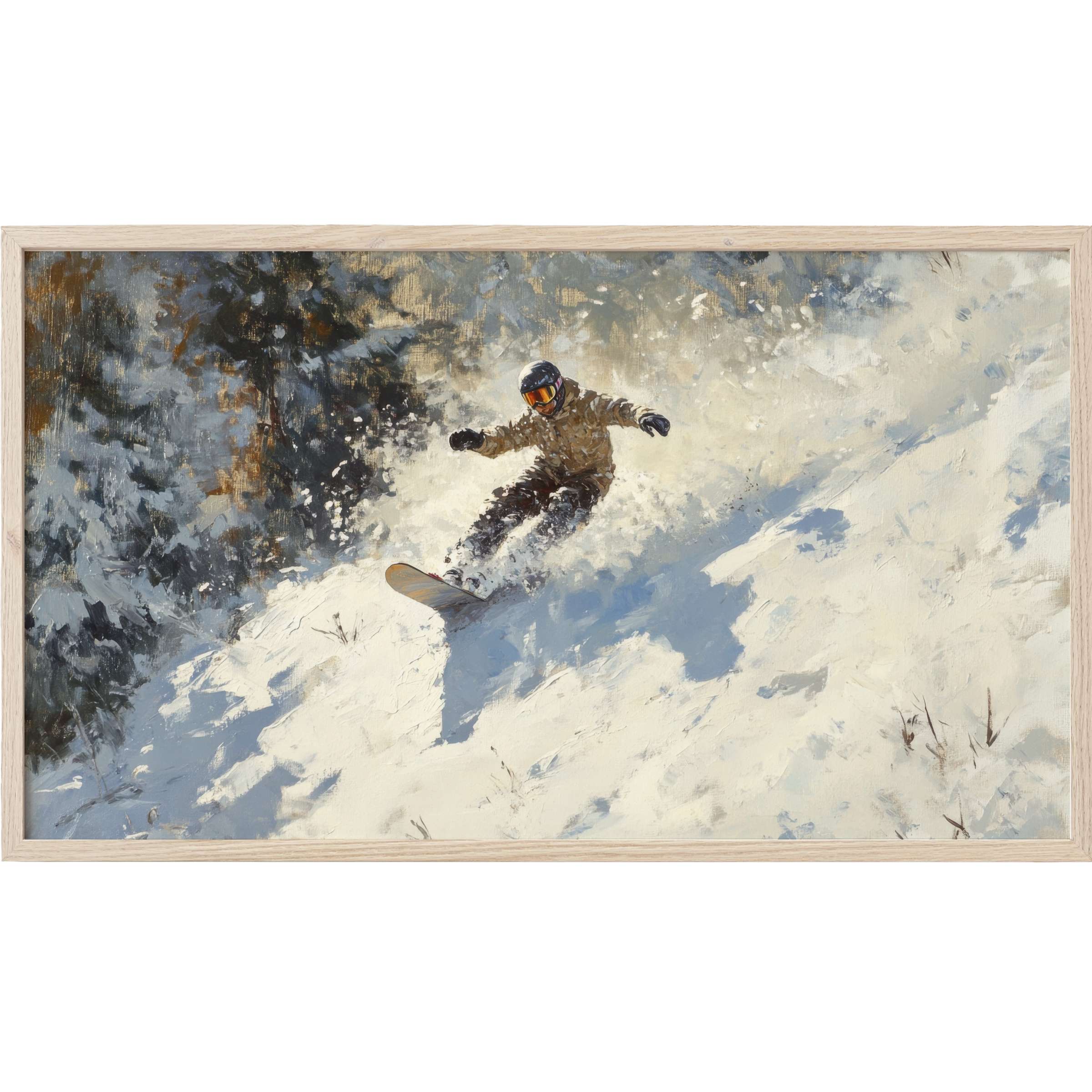 Dynamic winter snowboarder framed by soft whites and muted blues, captured in elegant winter Frame TV Art