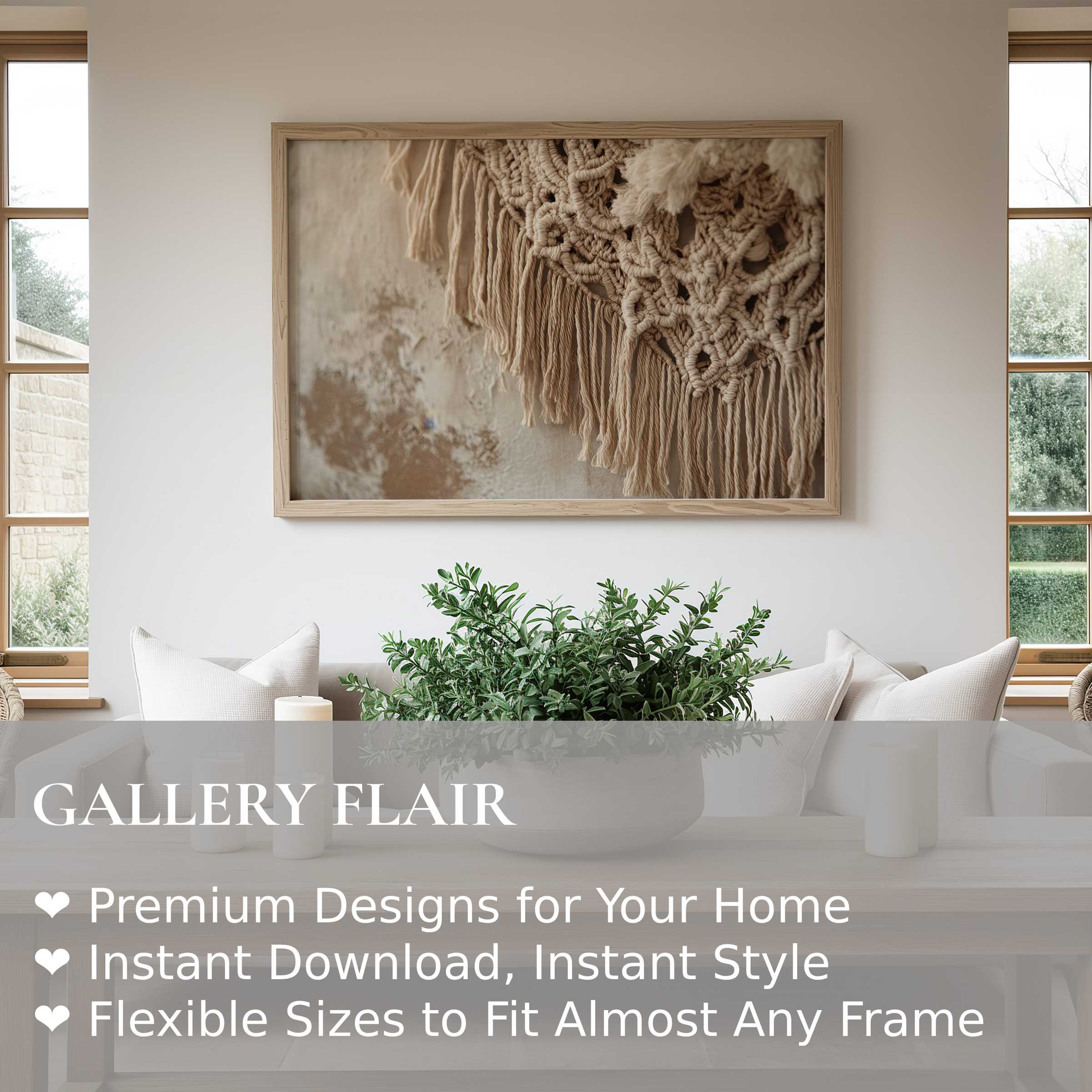 Boho wall art print featuring soft macramé texture, adding warm, calming elegance to modern minimalist living spaces