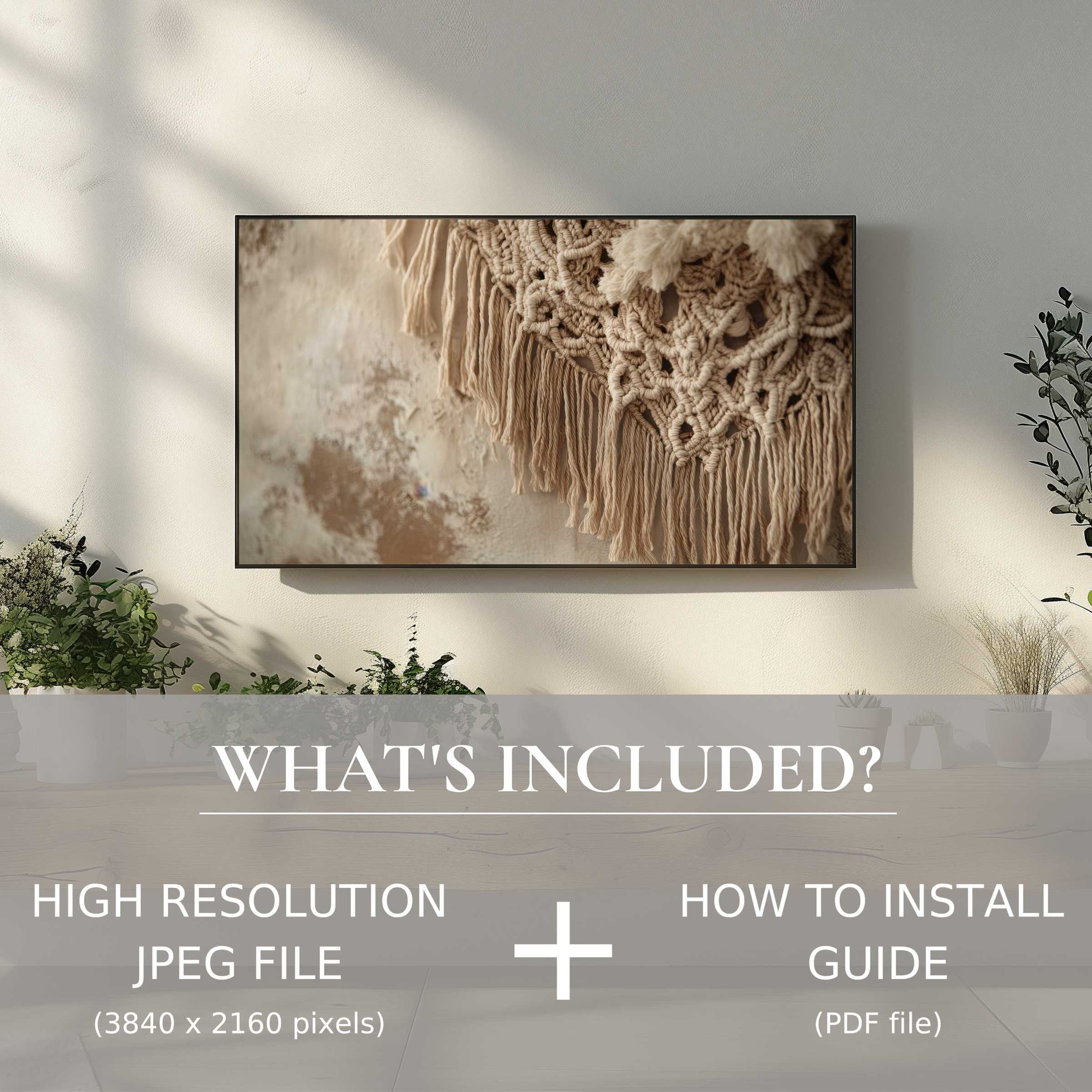 Elegant boho digital TV art download showcasing textured textile, enhancing modern living spaces with easy digital use