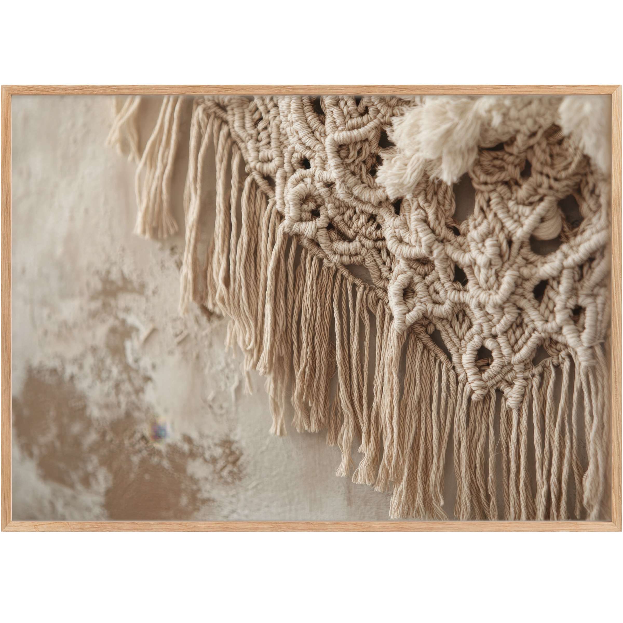 Boho printable wall art featuring intricate cream macrame and soft beige tones for a serene, warm, and inviting ambiance